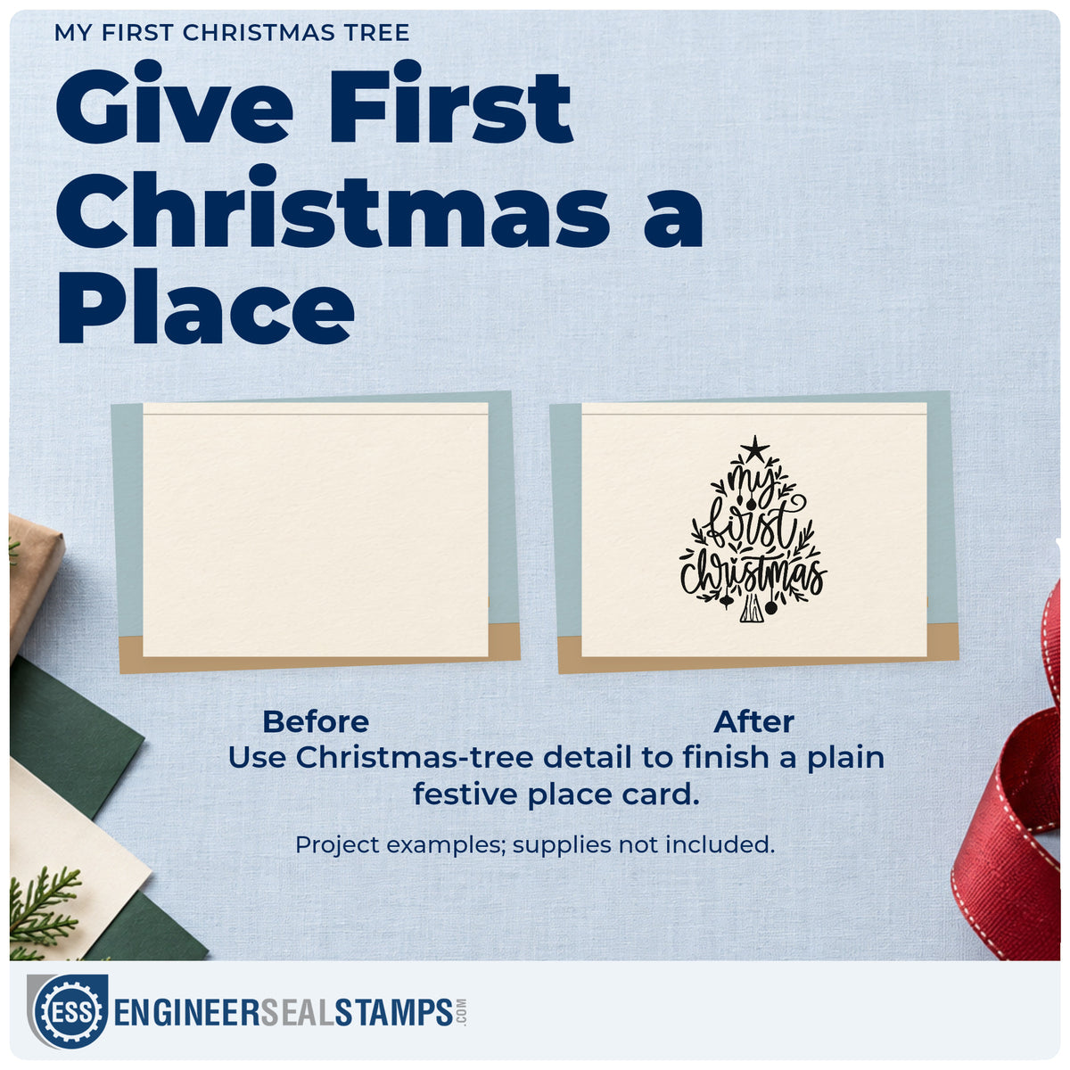 Before and after of a plain item finished with the My First Christmas Tree Ornaments Pre-Inked Stamp – PSI, a quick upgrade for framed nursery shelf.