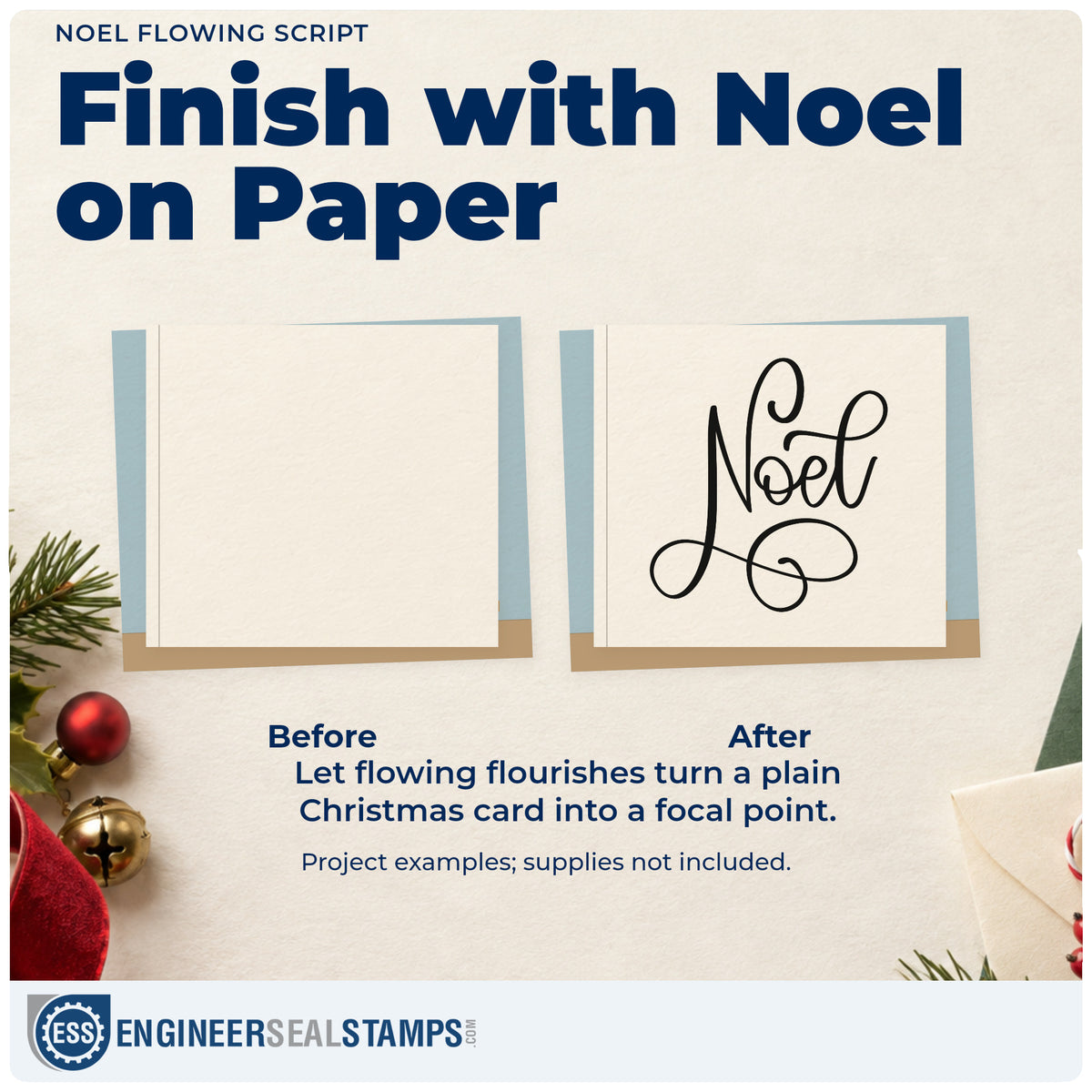 Before and after of a plain item finished with the Noel Flowing Script Pre-Inked Stamp – Slim, a quick upgrade for framed mantel trio.