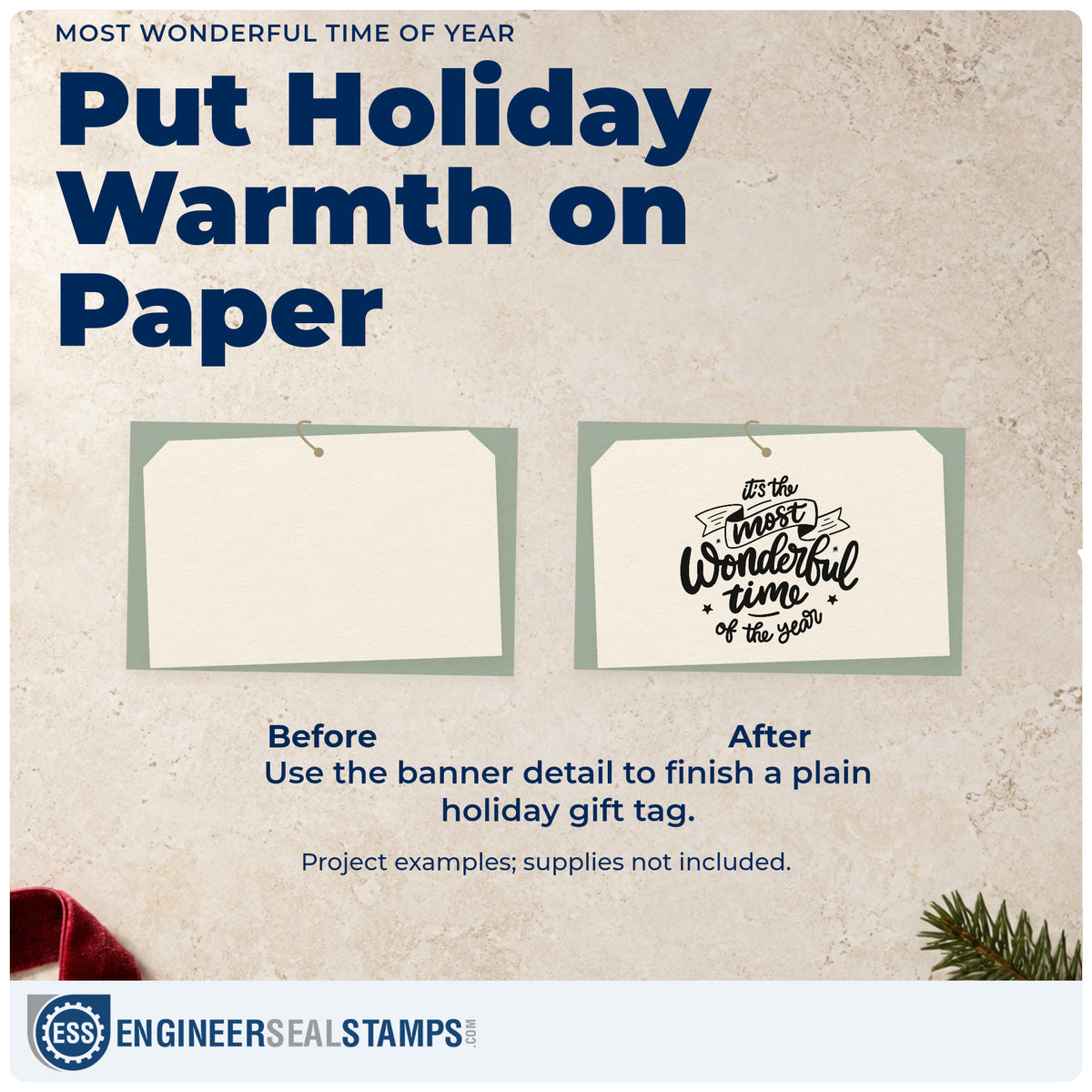 Before and after of a plain item finished with the It's The Most Wonderful Time Of The Year Stamp – Slim Pre-Inked, a quick upgrade for framed staff lounge.