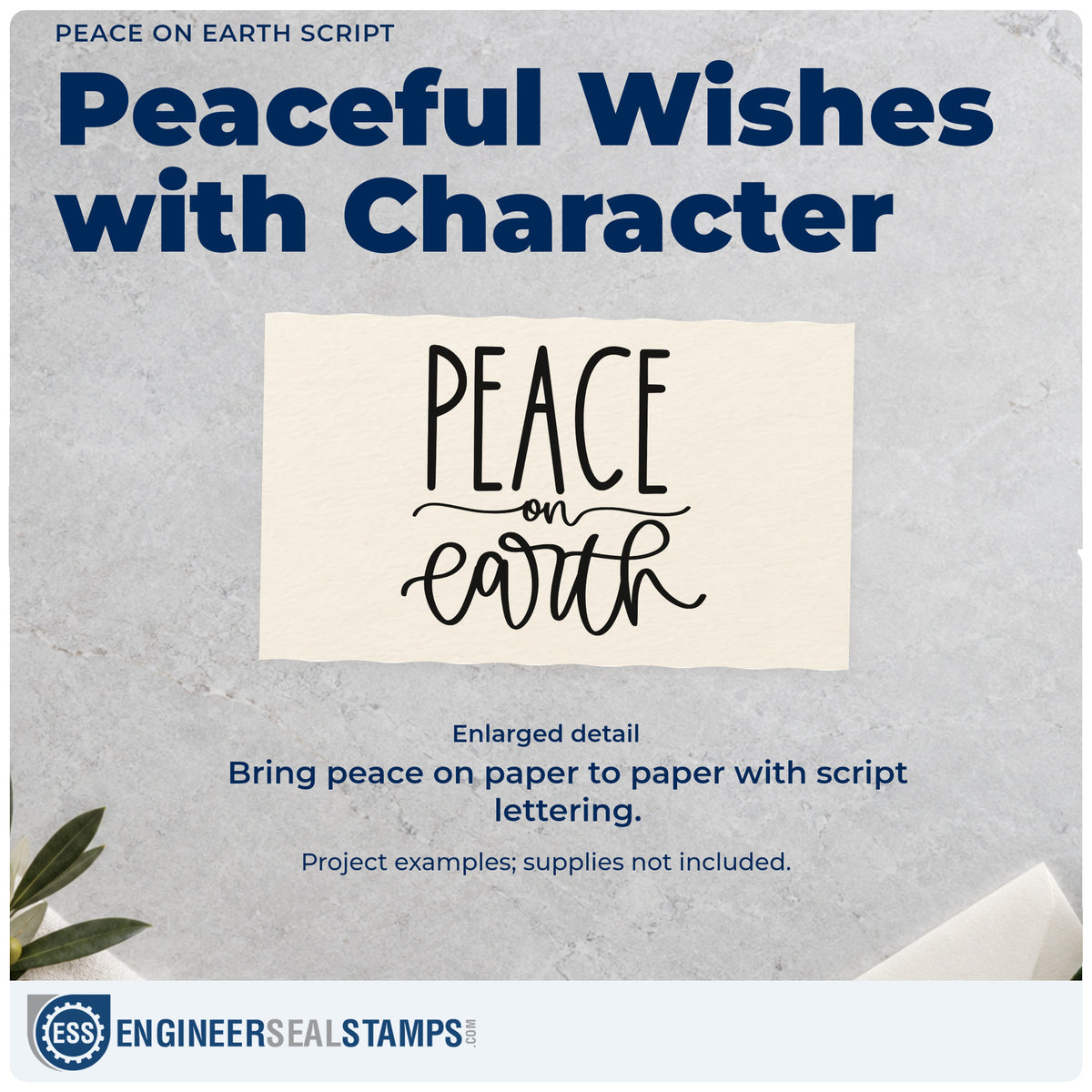 Enlarged detail of the Peace On Earth Script Craft Stamp – Self-Inking imprint. Tall “Peace” sits above small “On” and large flowing script “Earth.”