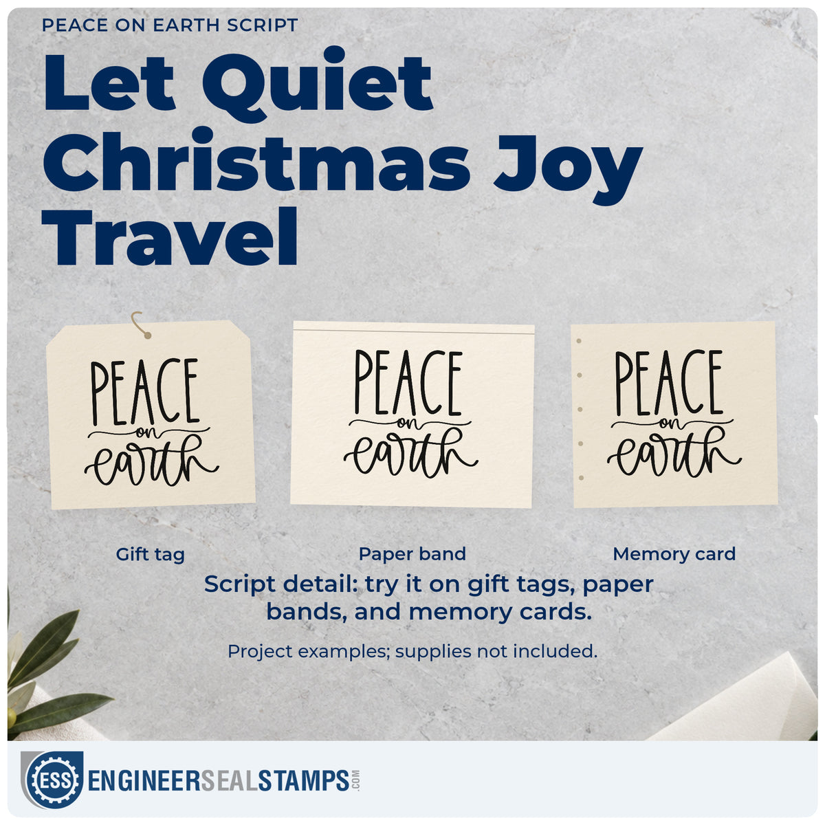 Three project examples made with the Peace On Earth Script Pre-Inked Stamp – Slim, including meditation log sheet.