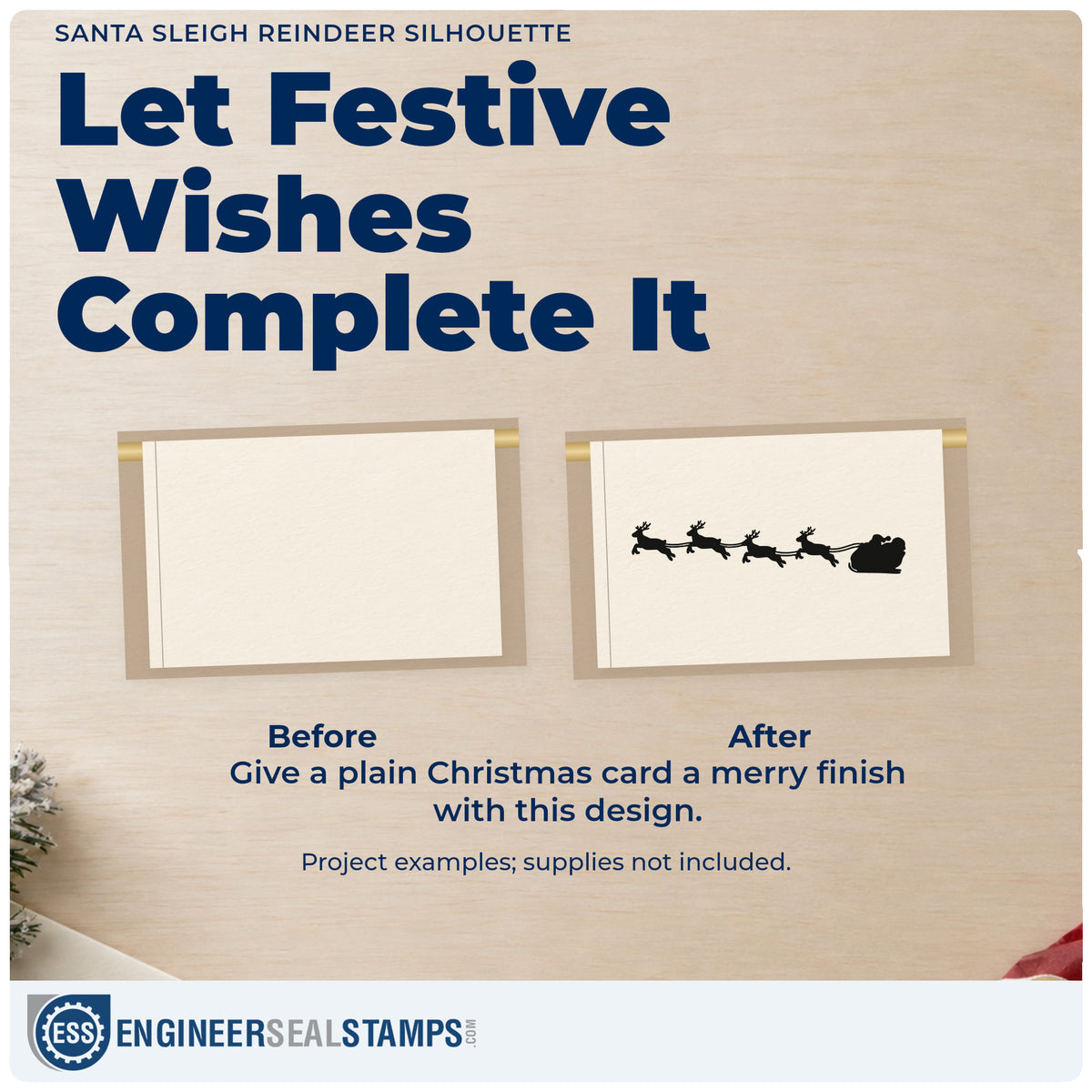 Before and after of a plain item finished with the Santa Sleigh Reindeer Silhouette Self-Inking Craft Stamp, a quick upgrade for framed lintel panel.