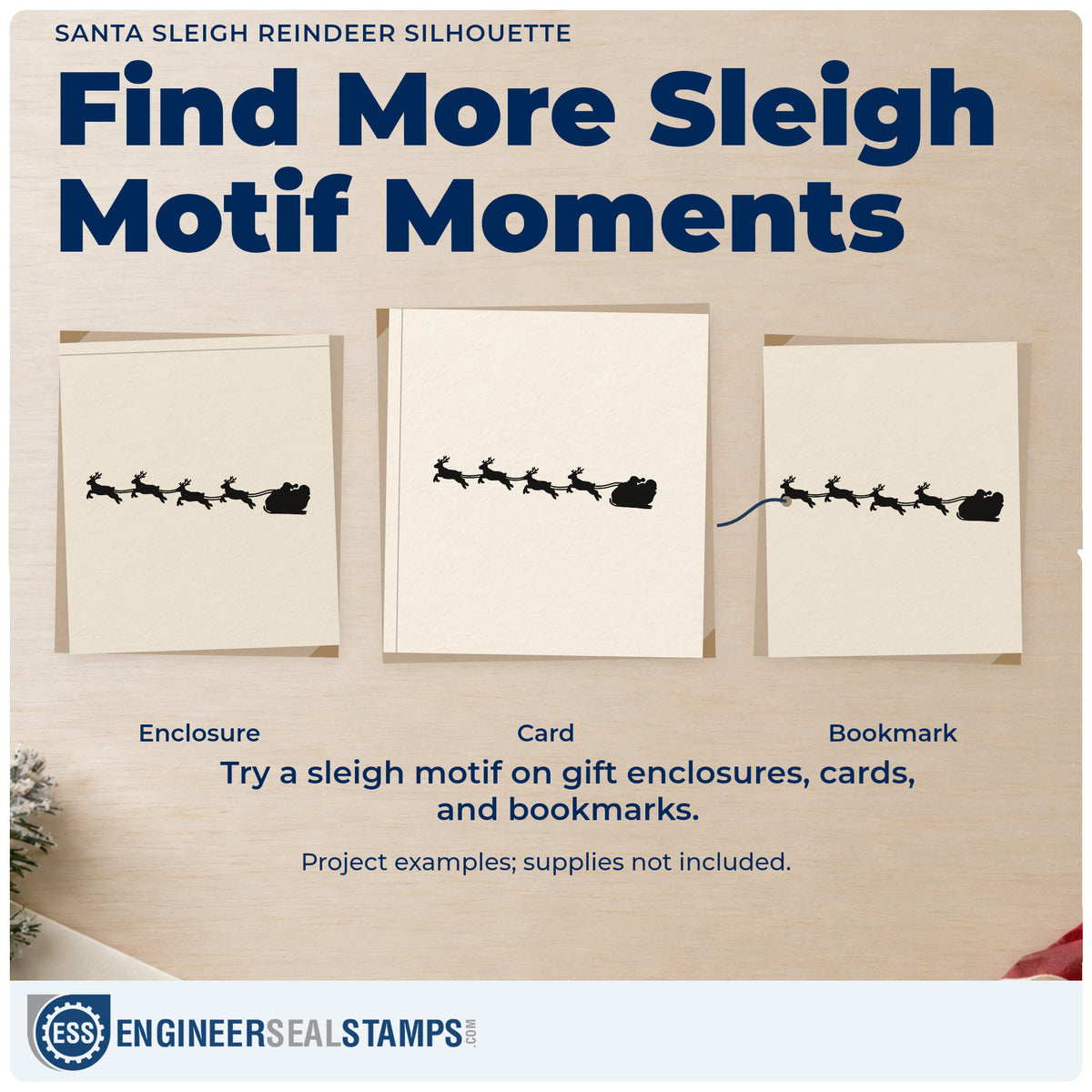 Three project examples made with the Santa Sleigh Reindeer Silhouette Self-Inking Craft Stamp, including calendar week band.