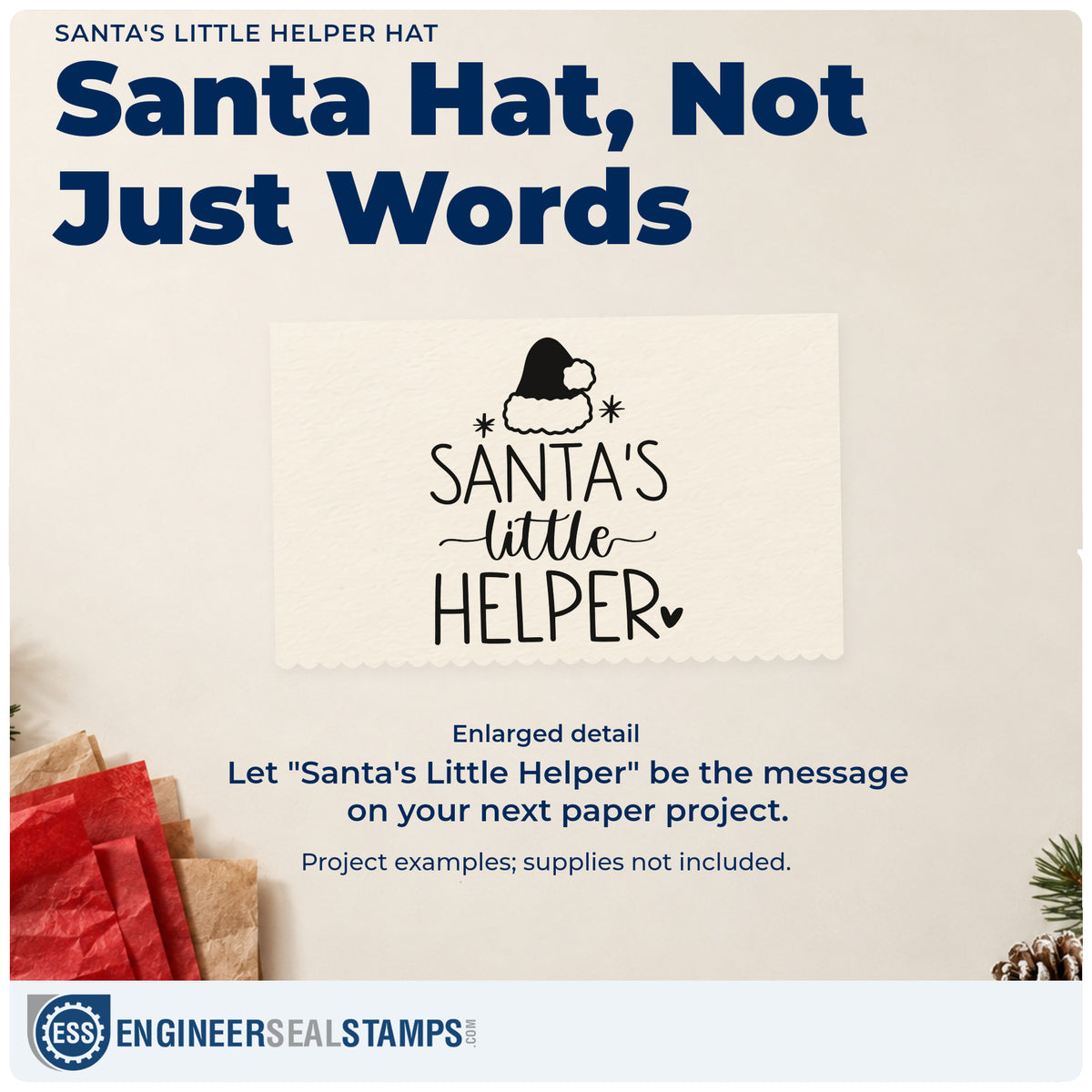 Enlarged detail of the Santa's Little Helper Hat Premium Wooden Stamp – Vintage Pro imprint. “Santa's Little Helper” appears beneath a Santa hat with stars and a small heart.