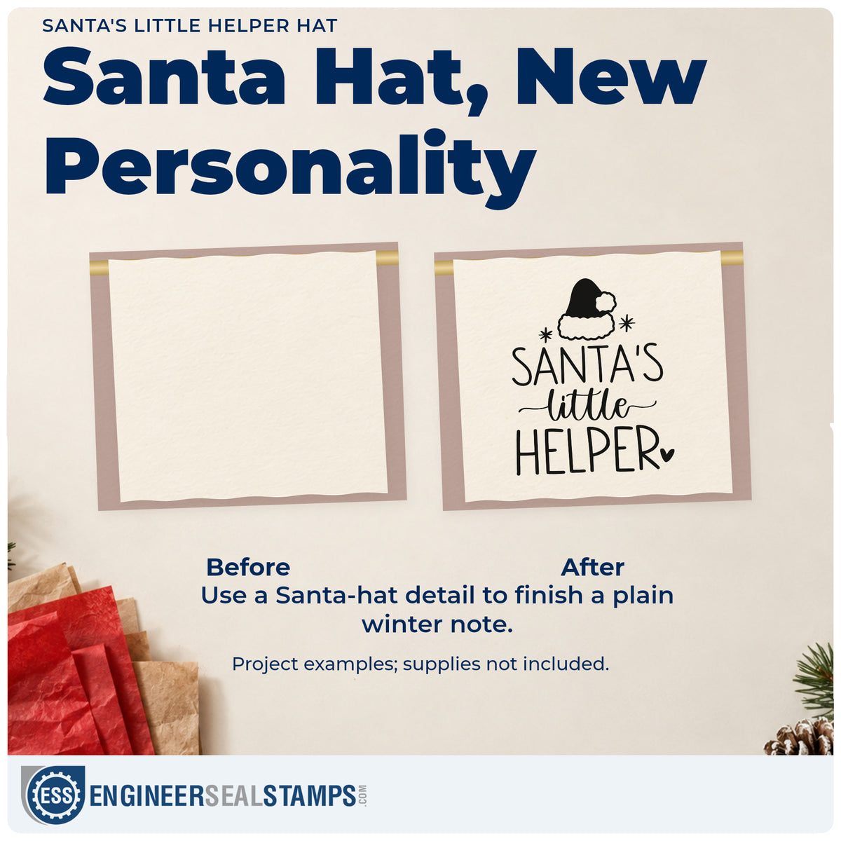 Before and after of a plain item finished with the Santa's Little Helper Hat Pre-Inked Stamp – Slim, a quick upgrade for framed step stool.