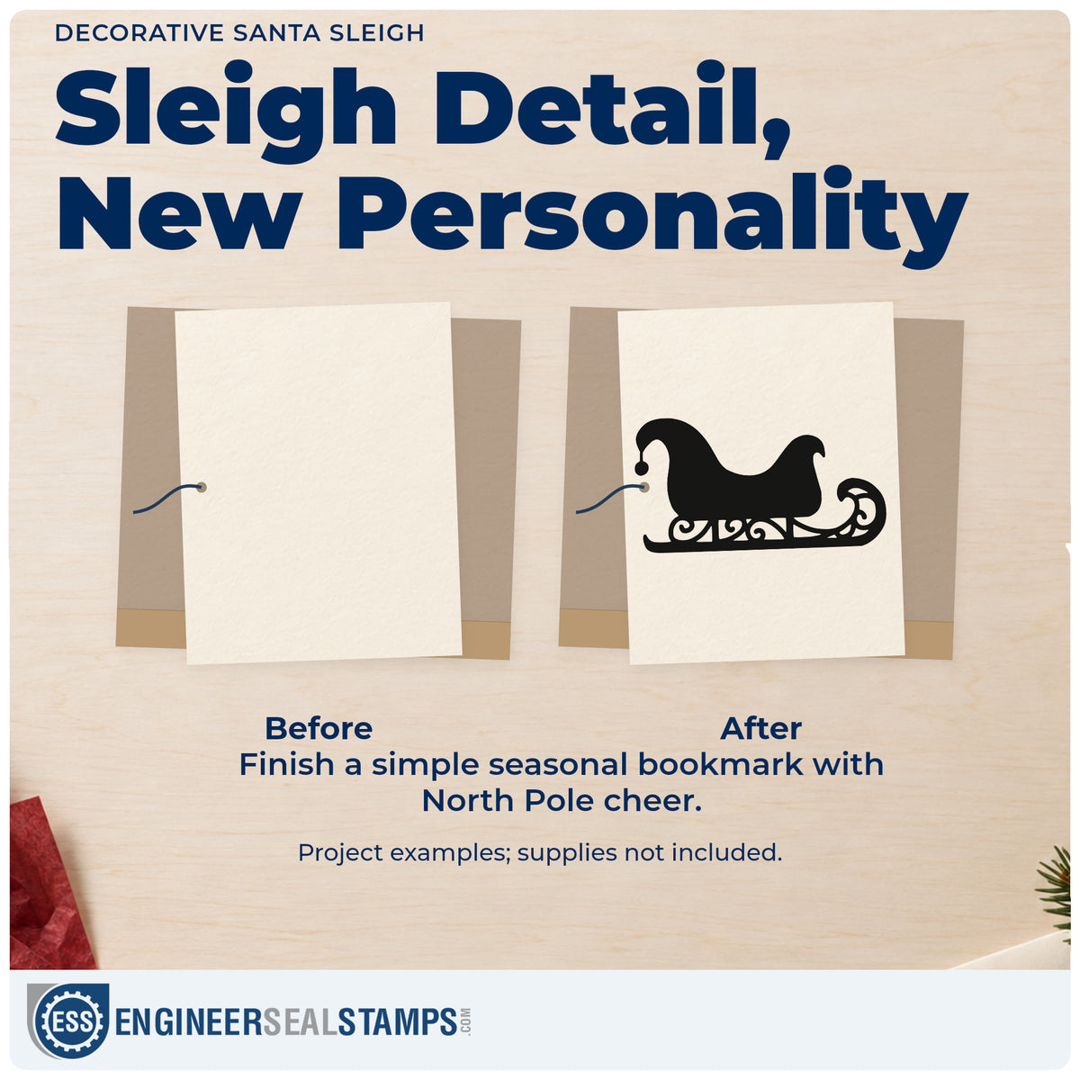 Before and after of a plain item finished with the Decorative Santa Sleigh Slim Pre-Inked Stamp, a quick upgrade for framed shadow print.
