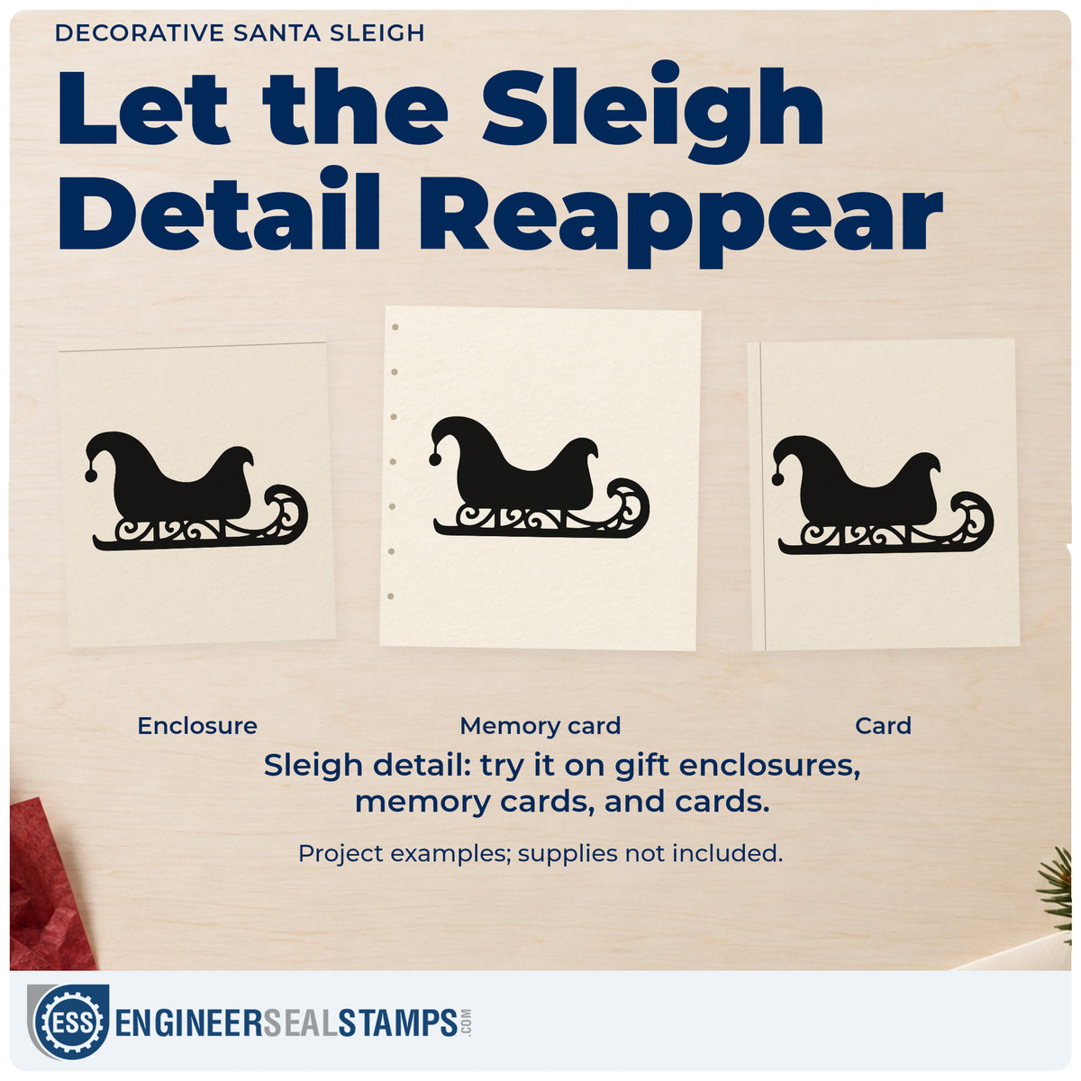 Three project examples made with the Decorative Santa Sleigh Wood Handle Stamp, including journal margin mark.