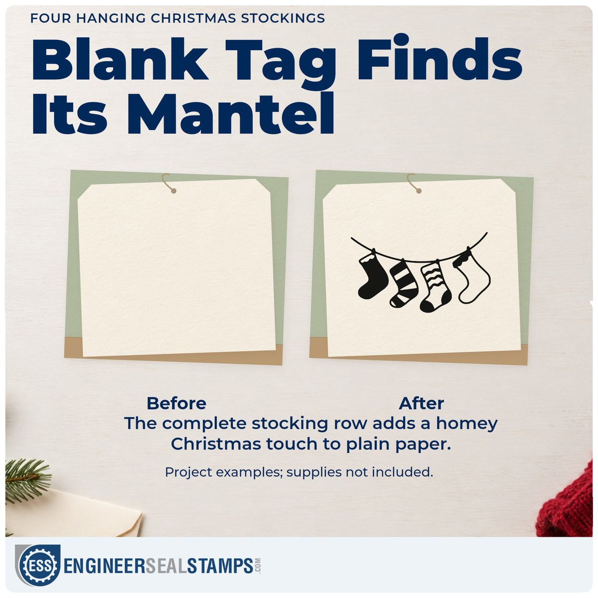 Before and after of a plain item finished with the Four Stockings On A String Pre-Inked Stamp – Slim, a quick upgrade for framed stair wall.
