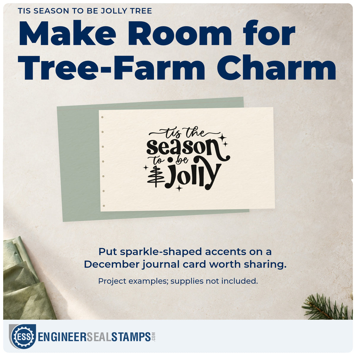 A finished handmade project stamped with the Tis Season To Be Jolly Tree With Sparkles Compact Pre-Inked Stamp – Slim, ideal for hosting album page.