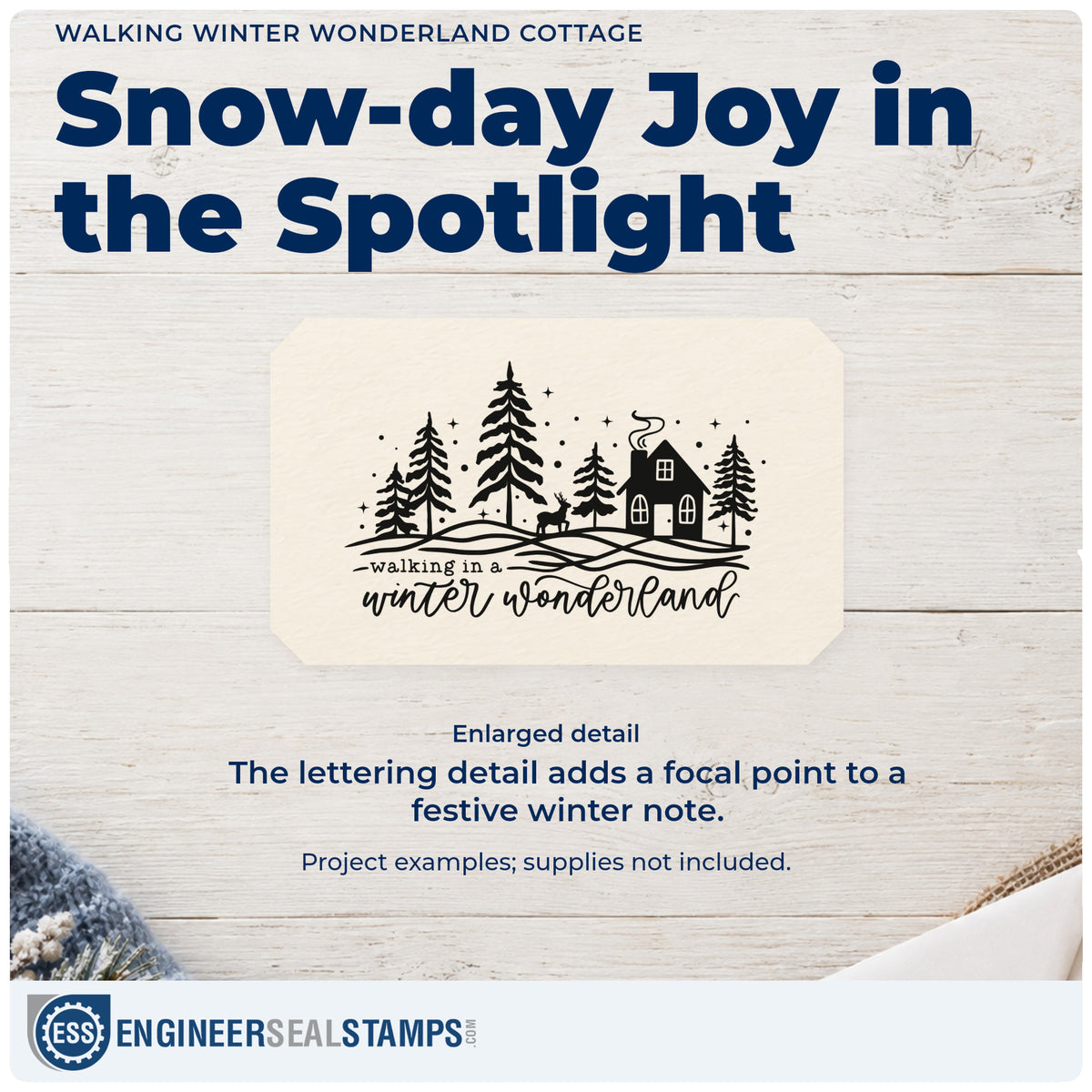 Enlarged detail of the Walking Winter Wonderland Cottage Duo Hand Stamp imprint. “Walking in a Winter Wonderland” appears below a snowy cottage and evergreen landscape.