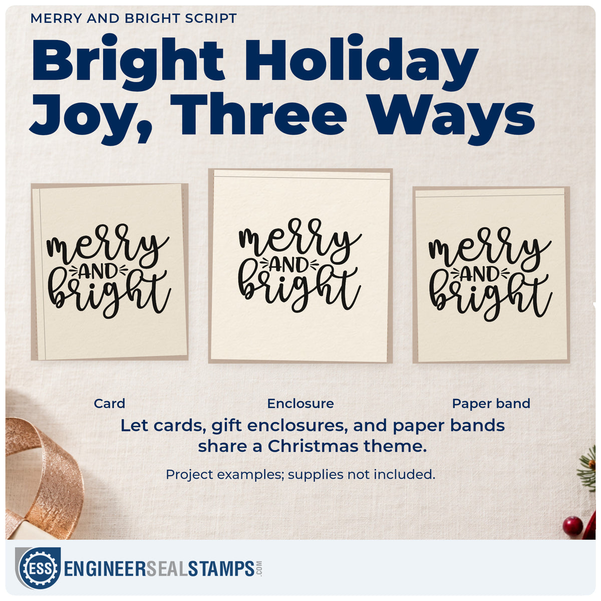 Three project examples made with the Merry And Bright Stamp – Duo Hand, including ribbon order sheet.