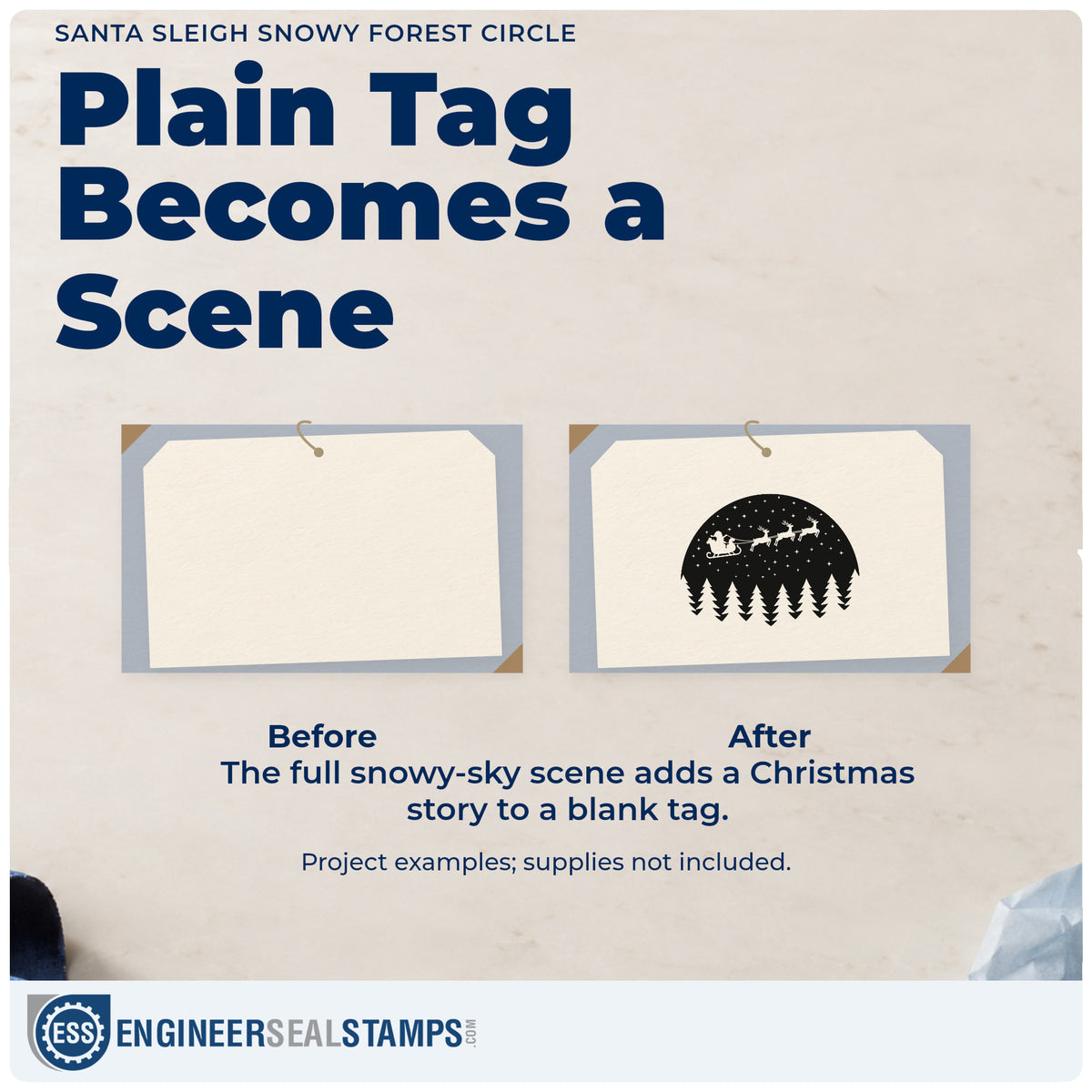 Before and after of a plain item finished with the Santa Sleigh Snowy Forest Circle Stamp – Slim Pre-Inked, a quick upgrade for framed contrast print.