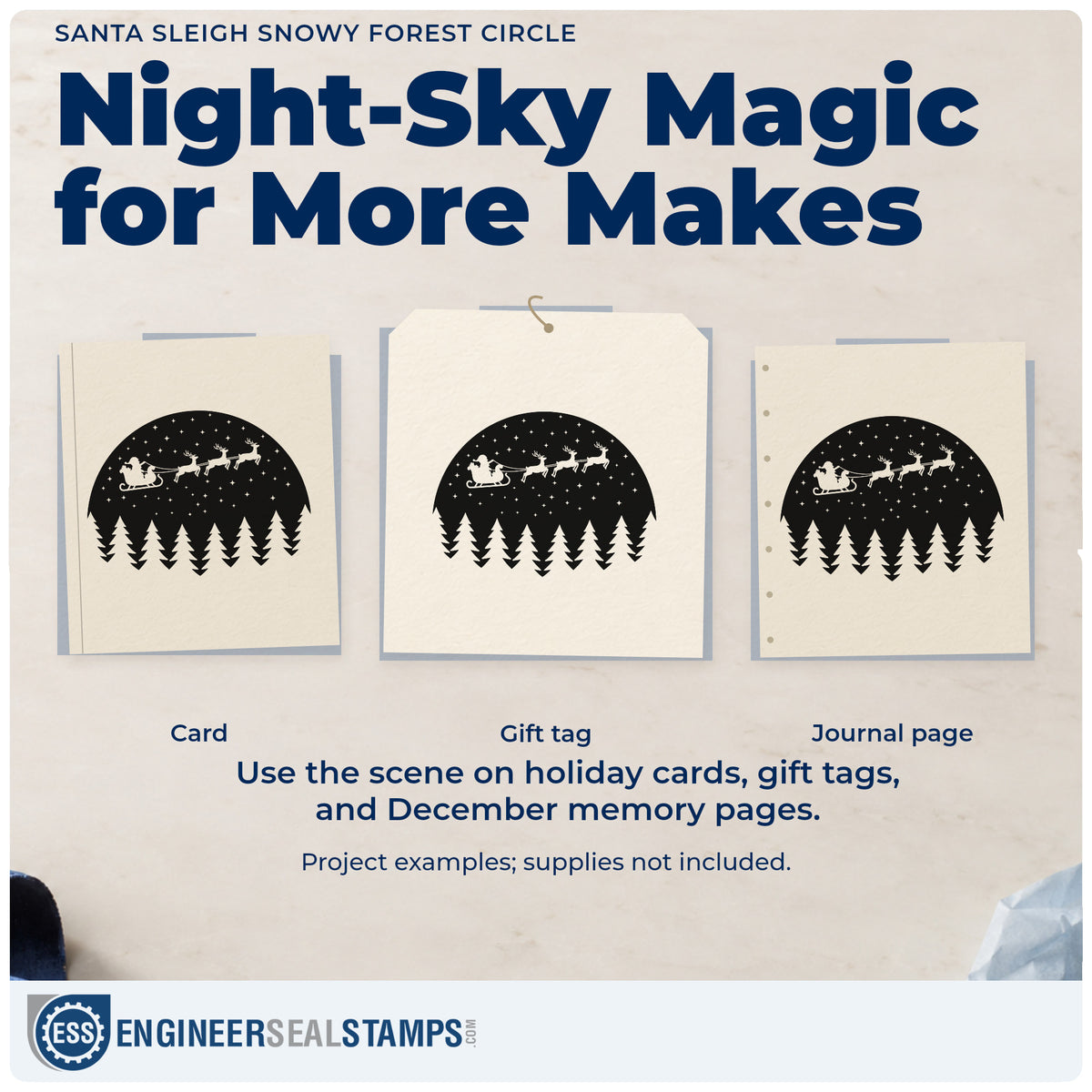 Three project examples made with the Santa Sleigh Snowy Forest Circle Stamp – Slim Pre-Inked, including evening log pages.