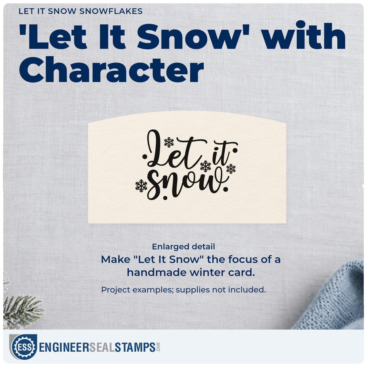Enlarged detail of the Let It Snow Snowflakes Lettering Stamp – Premium Vintage Pro Wooden imprint. Large looping “Let It Snow” lettering is surrounded by snowflakes and dots.