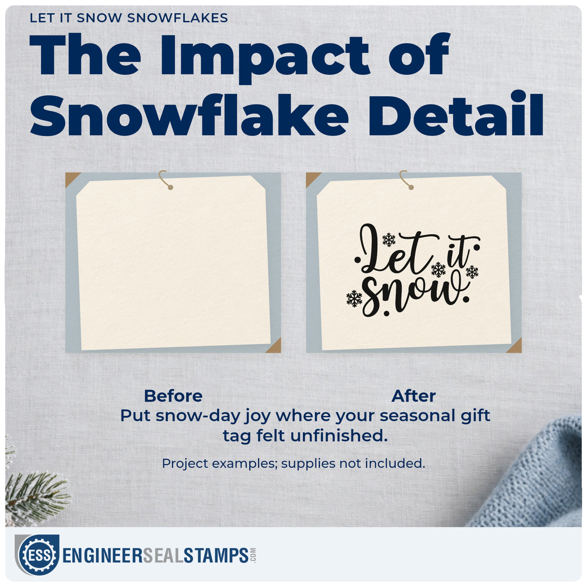 Before and after of a plain item finished with the Let It Snow Snowflakes Lettering Slim Pre-Inked Stamp, a quick upgrade for framed rink lobby.