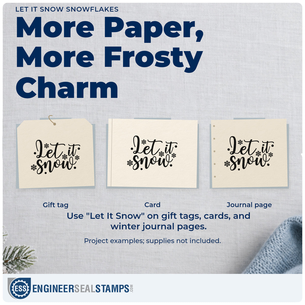 Three project examples made with the Let It Snow Snowflakes Lettering Rubber Stamp – Duo Hand, including rink schedule sheet.