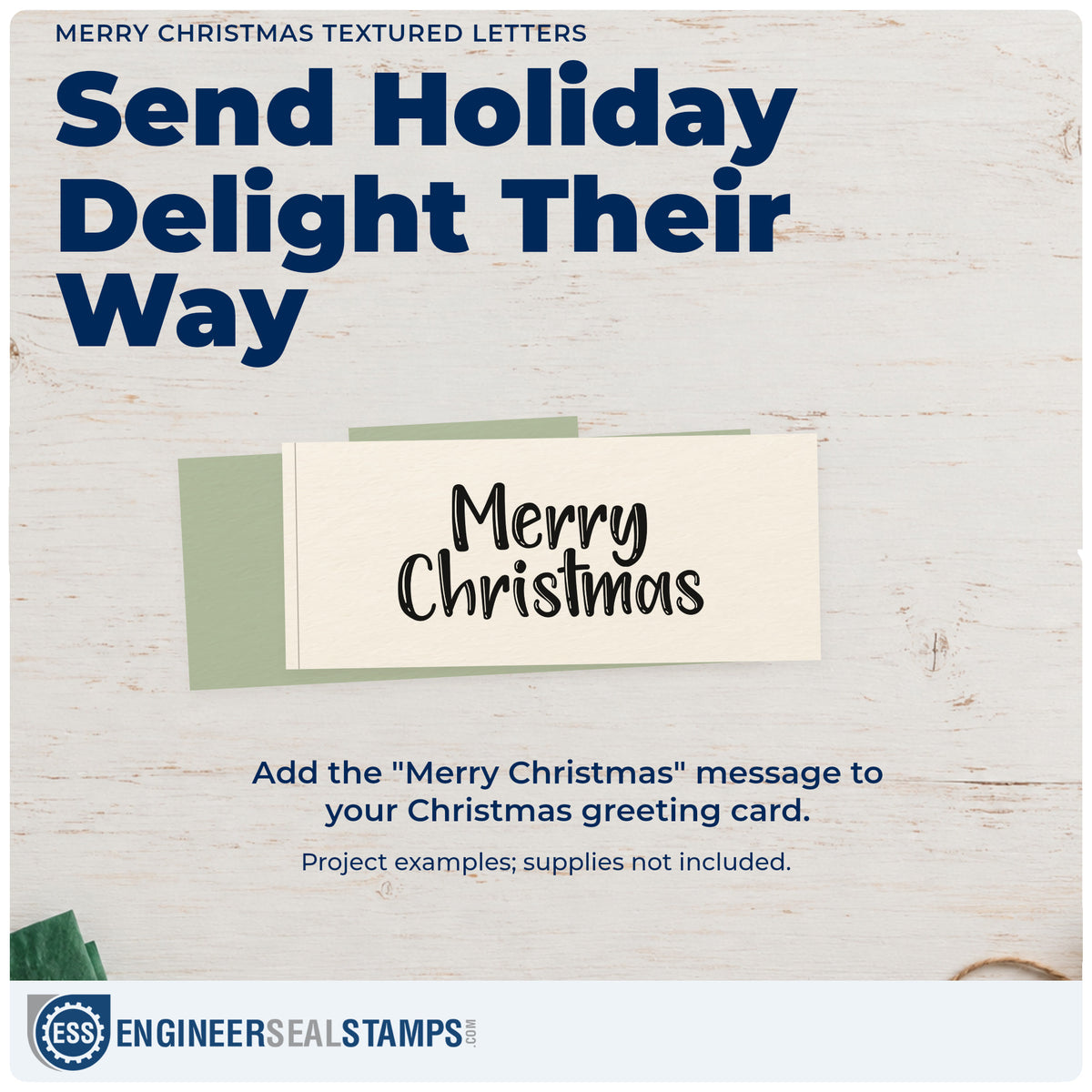 A finished handmade project stamped with the Merry Christmas Textured Letters Lettering PSI Pre-Inked Stamp, ideal for kraft album page.