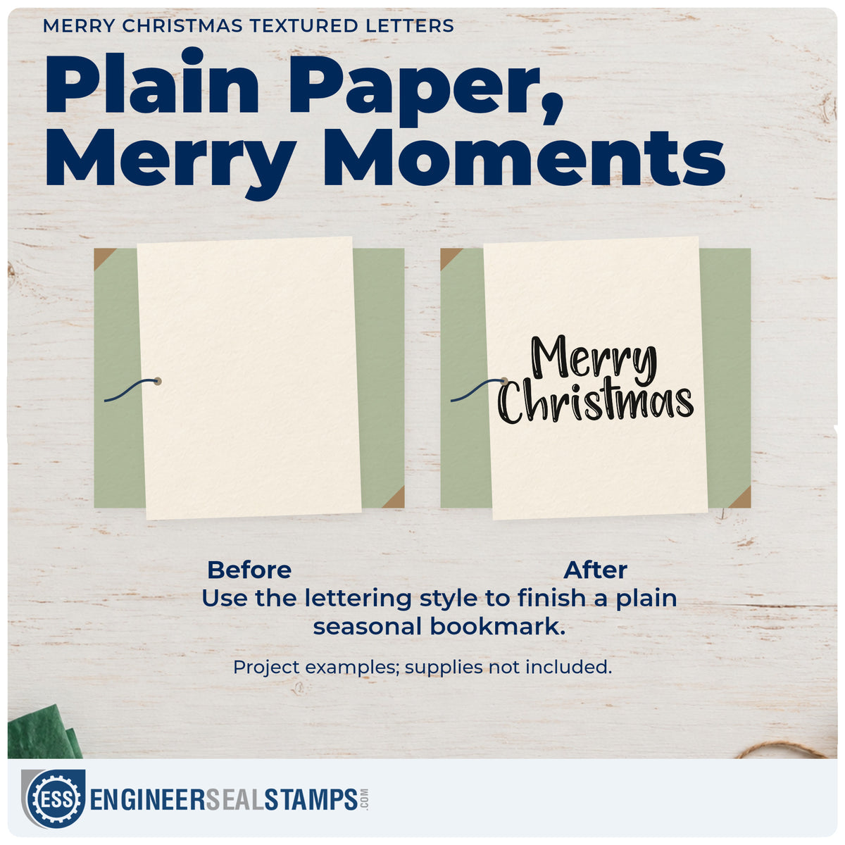 Before and after of a plain item finished with the Merry Christmas Textured Letters Lettering Compact Pre-Inked Stamp – Slim, a quick upgrade for framed barn wood.