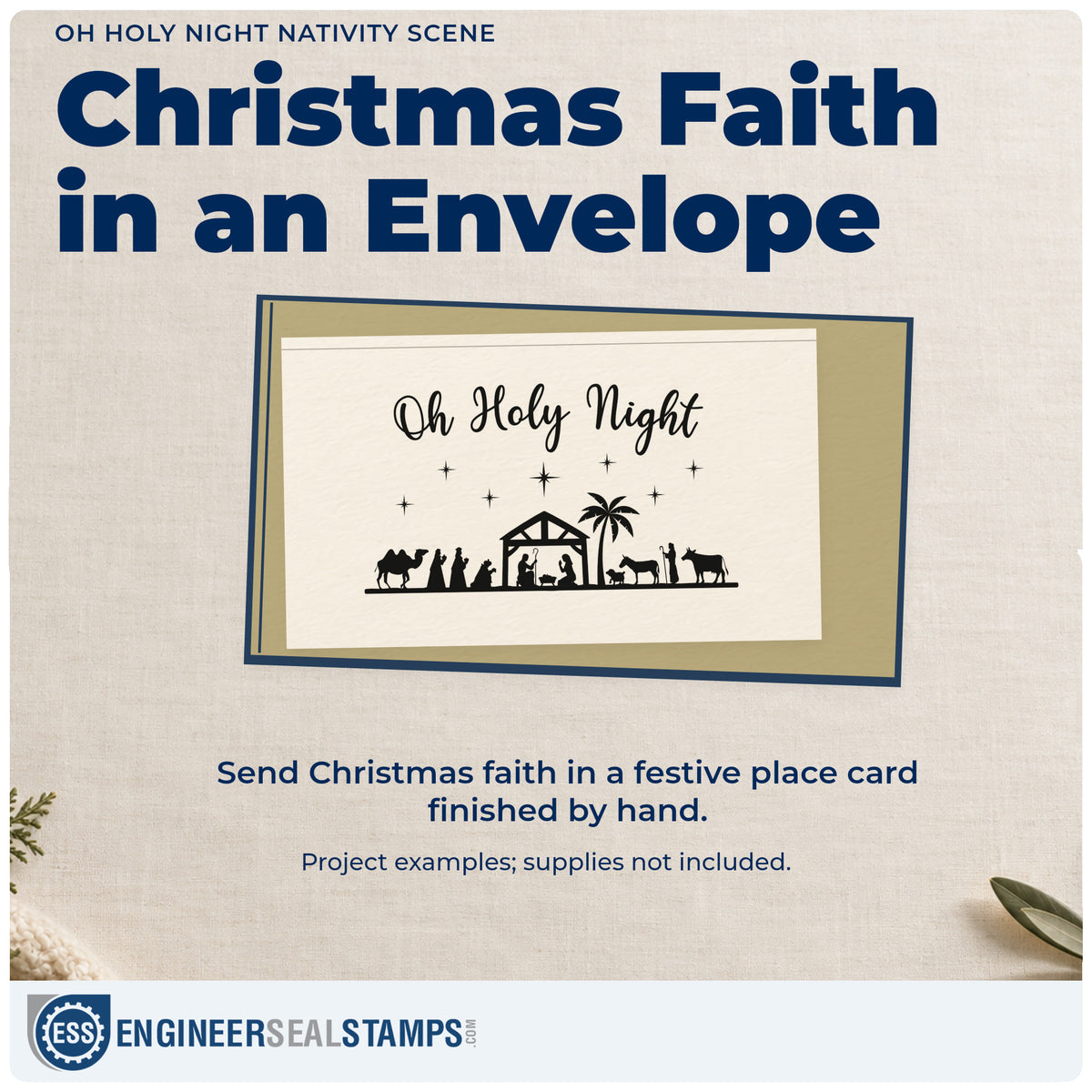 A finished handmade project stamped with the Oh Holy Night Nativity Scene Hand Stamp – Duo, ideal for christmas story album.