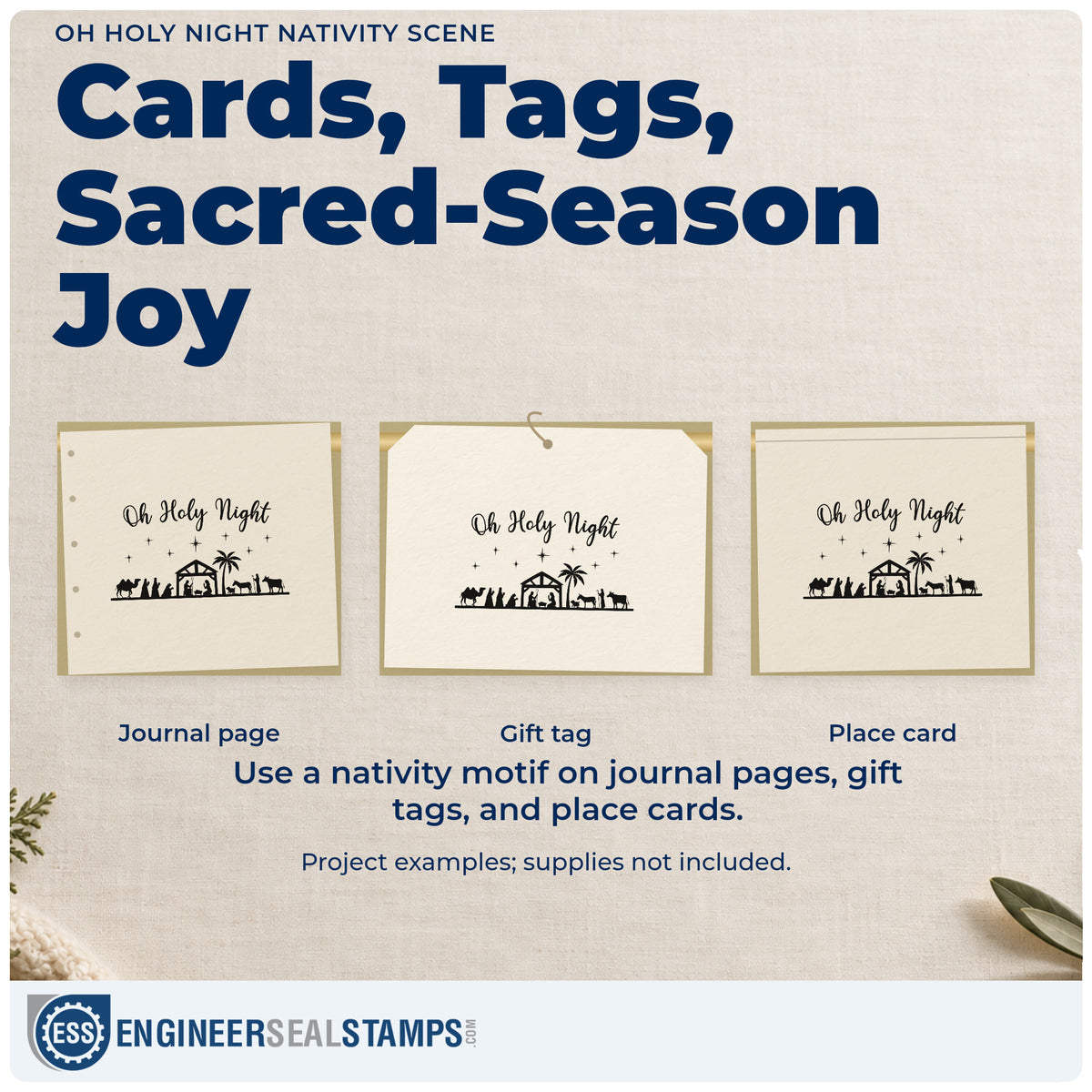 Three project examples made with the Oh Holy Night Nativity Scene Wood-Mounted Rubber Stamp, including reading order sheet.