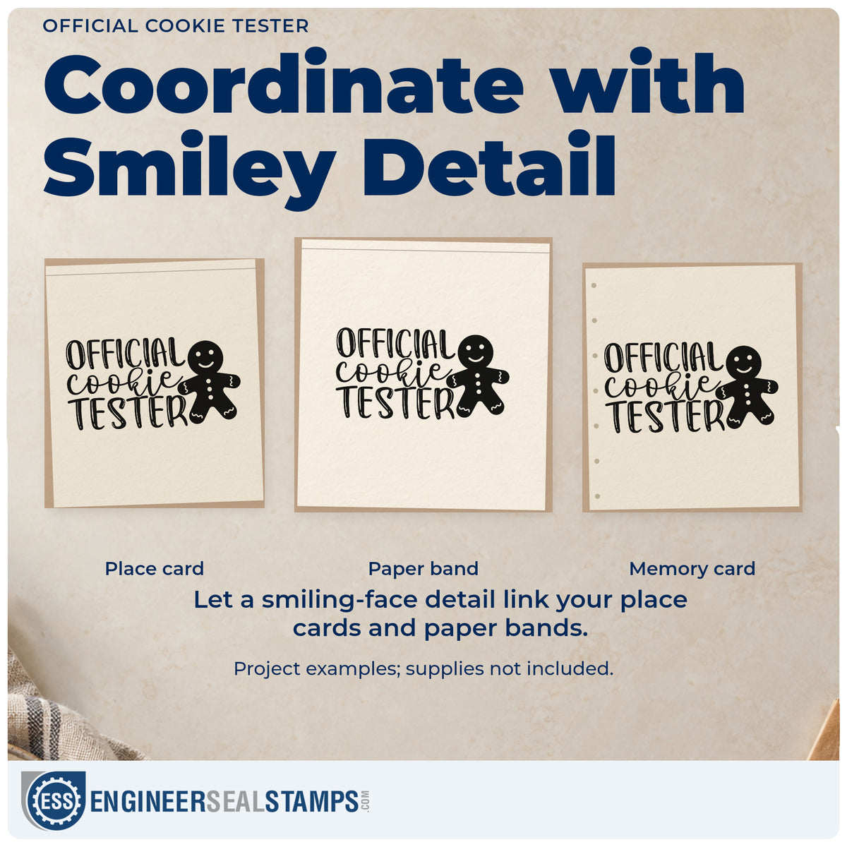 Three project examples made with the Official Cookie Tester Hand Stamp – Duo, including score sheet header.
