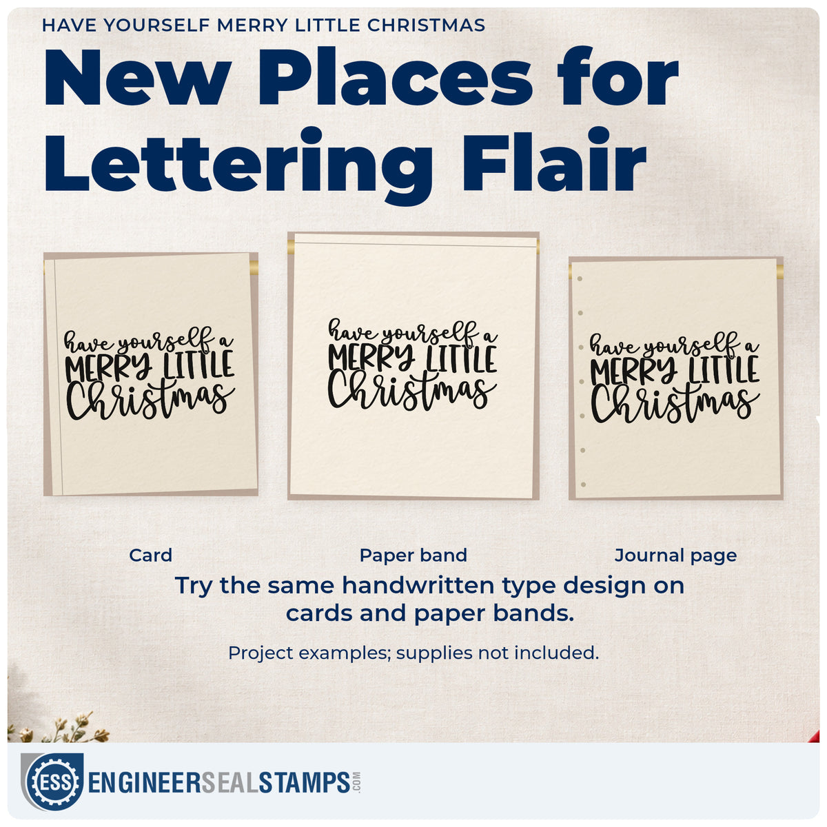 Three project examples made with the Have Yourself Merry Little Christmas Rubber Stamp – Wood Handle, including evening plan sheet.