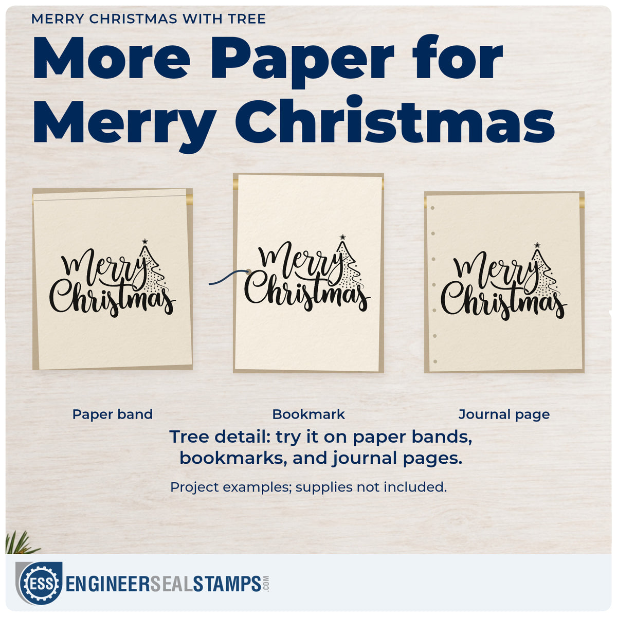 Three project examples made with the Merry Christmas With Tree Script Lettering PSI Pre-Inked Stamp, including margin accent planner.