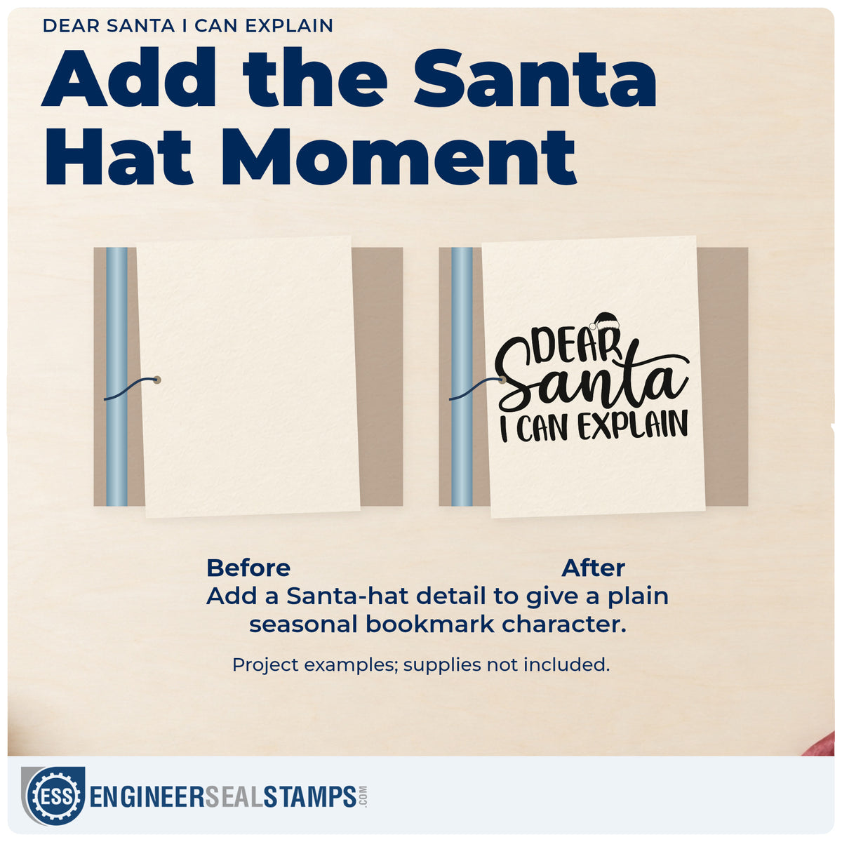 Before and after of a plain item finished with the Dear Santa I Can Explain Hat Pre-Inked Stamp – PSI, a quick upgrade for framed study desk.
