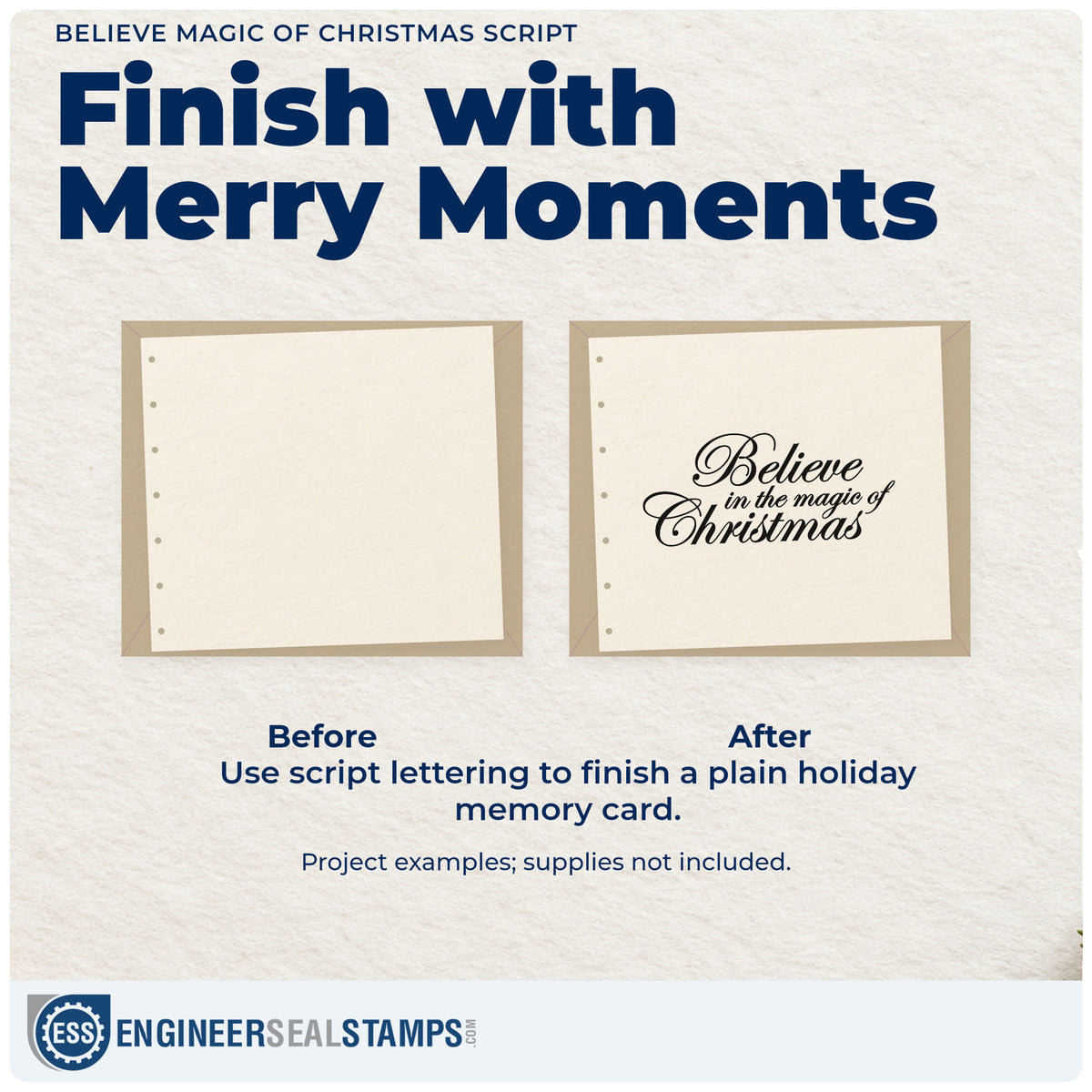 Before and after of a plain item finished with the Duo Hand Believe Magic Of Christmas Script Rubber Stamp, a quick upgrade for framed aisle easel.