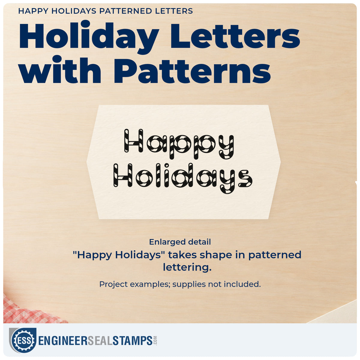 Enlarged detail of the Happy Holidays Patterned Letters Pre-Inked Stamp – Slim imprint. “Happy Holidays” appears in rounded capitals filled with festive patterns.