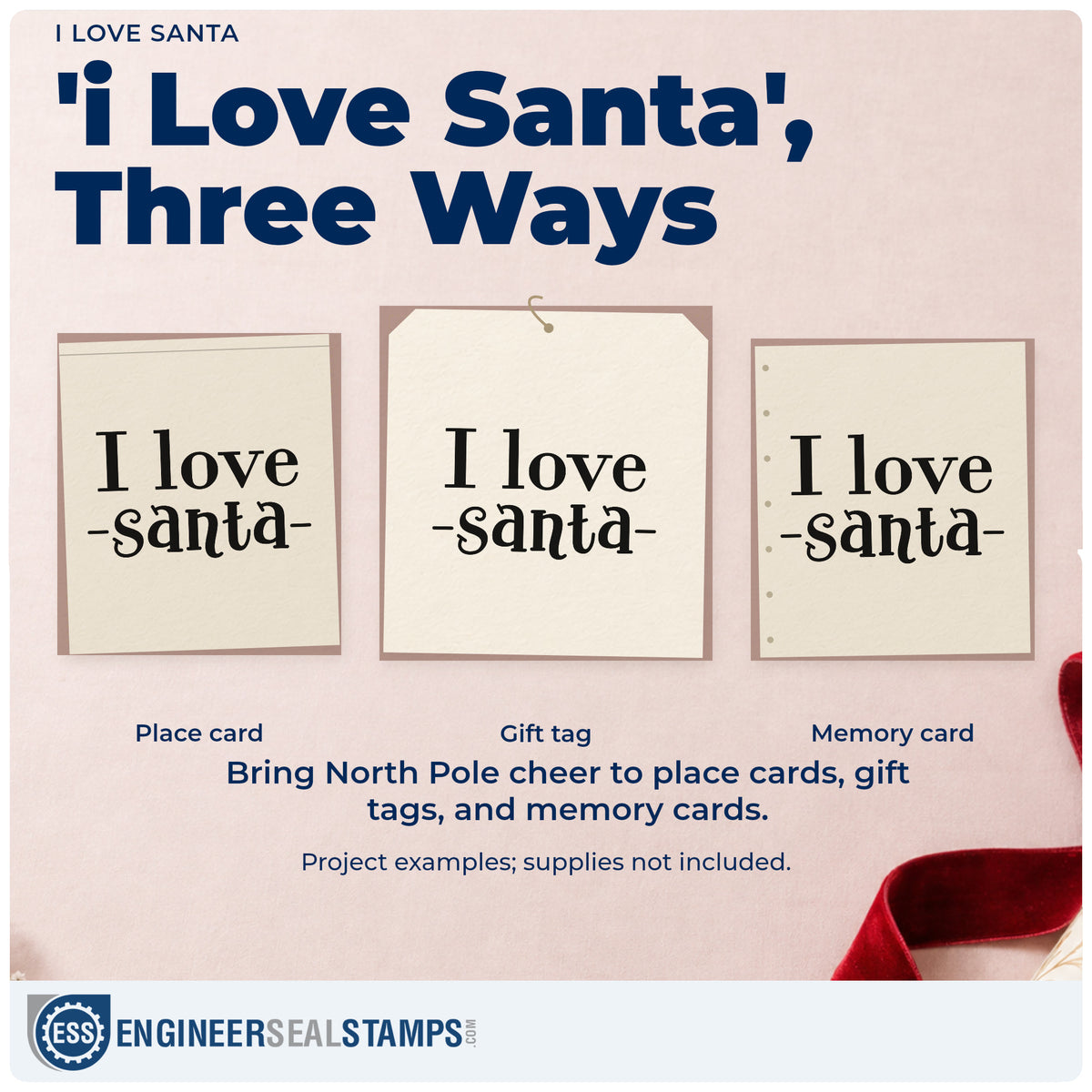 Three project examples made with the I Love Santa PSI Pre-Inked Stamp, including catalog list sheet.