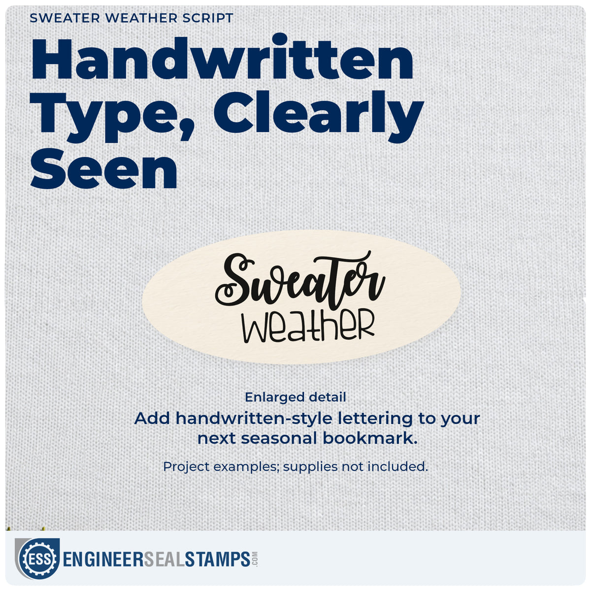 Enlarged detail of the Sweater Weather Script Lettering Rubber Stamp – Duo Hand imprint. Brush-script “Sweater” sits above thin handwritten “Weather.”
