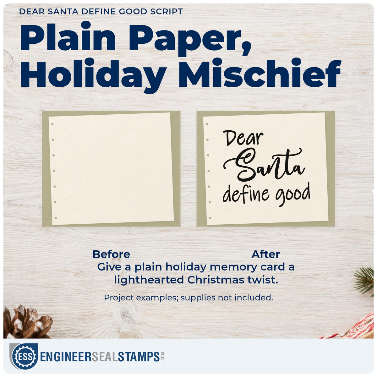 Before and after of a plain item finished with the Dear Santa Define Good Script Rubber Stamp – Wood Handle, a quick upgrade for framed cubicle panel.