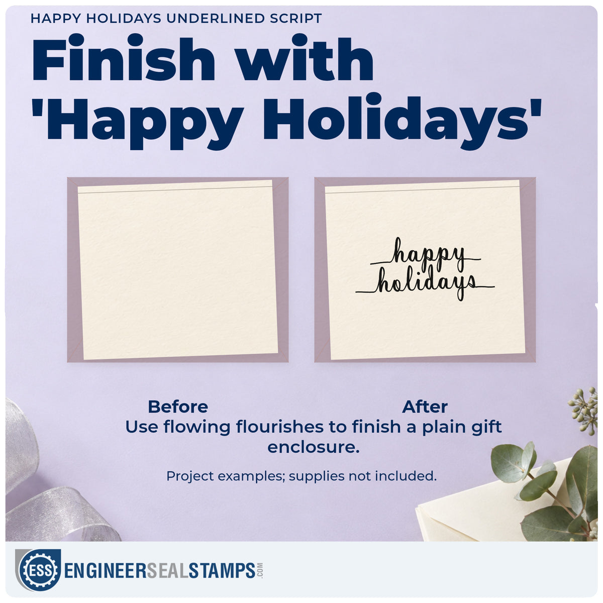 Before and after of a plain item finished with the Happy Holidays Underlined Script Lettering Stamp – Wood Handle, a quick upgrade for framed long console.