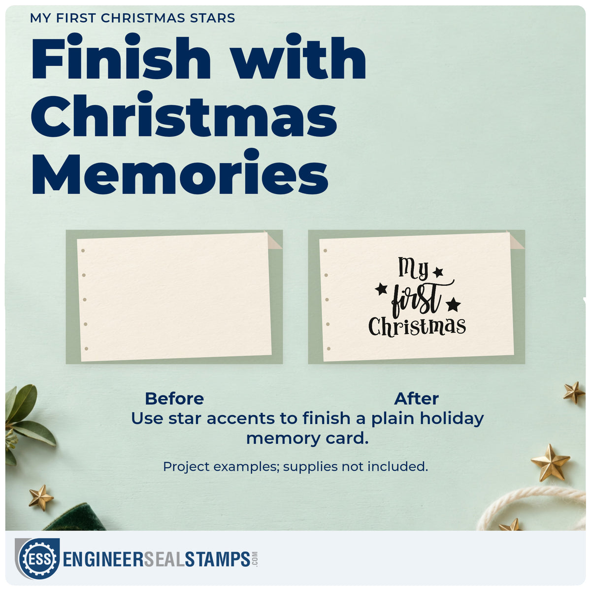 Before and after of a plain item finished with the PSI Pre-Inked My First Christmas Stars Stamp, a quick upgrade for framed entry nook.