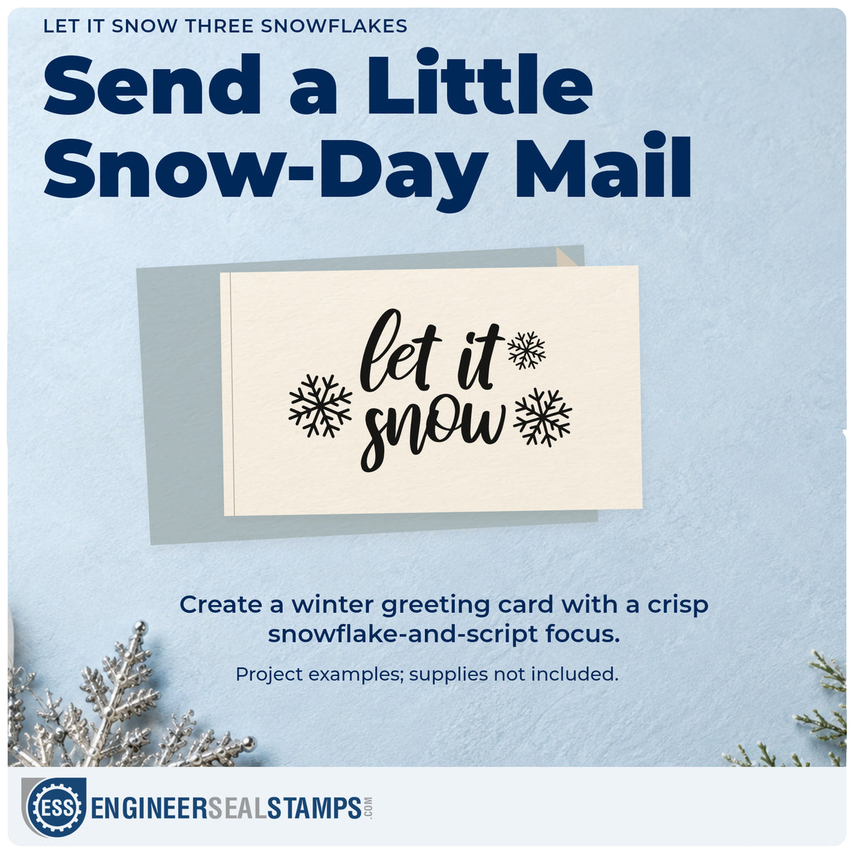 A finished handmade project stamped with the Let It Snow Three Snowflakes Brush Lettering Rubber Stamp – Duo Hand, ideal for quilt project album.