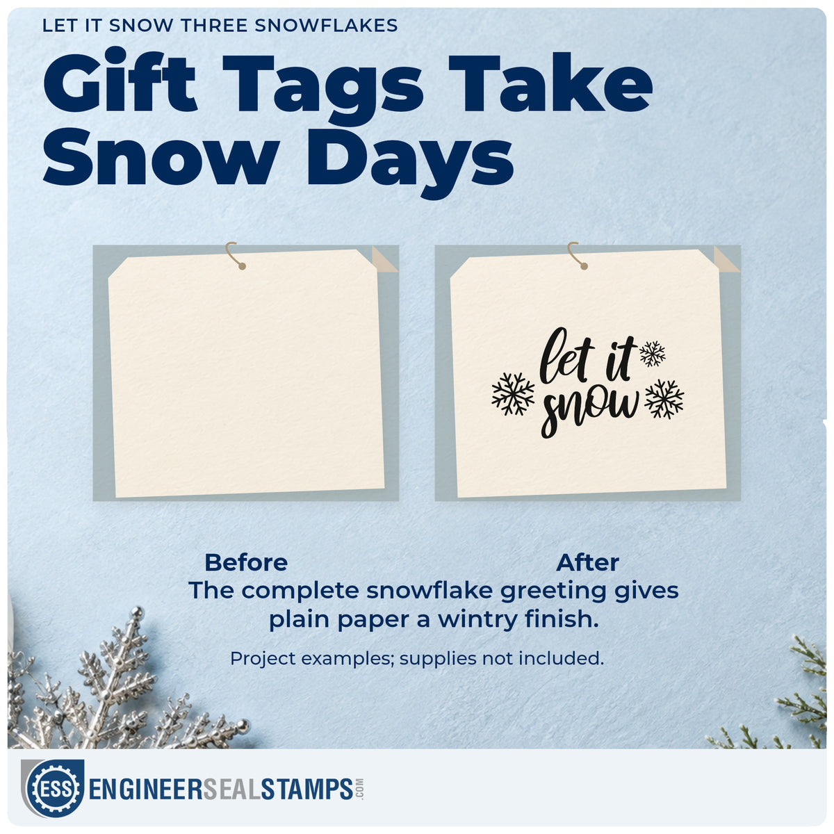Before and after of a plain item finished with the Let It Snow Three Snowflakes Brush Lettering Pre-Inked Stamp – PSI, a quick upgrade for framed sewing room.