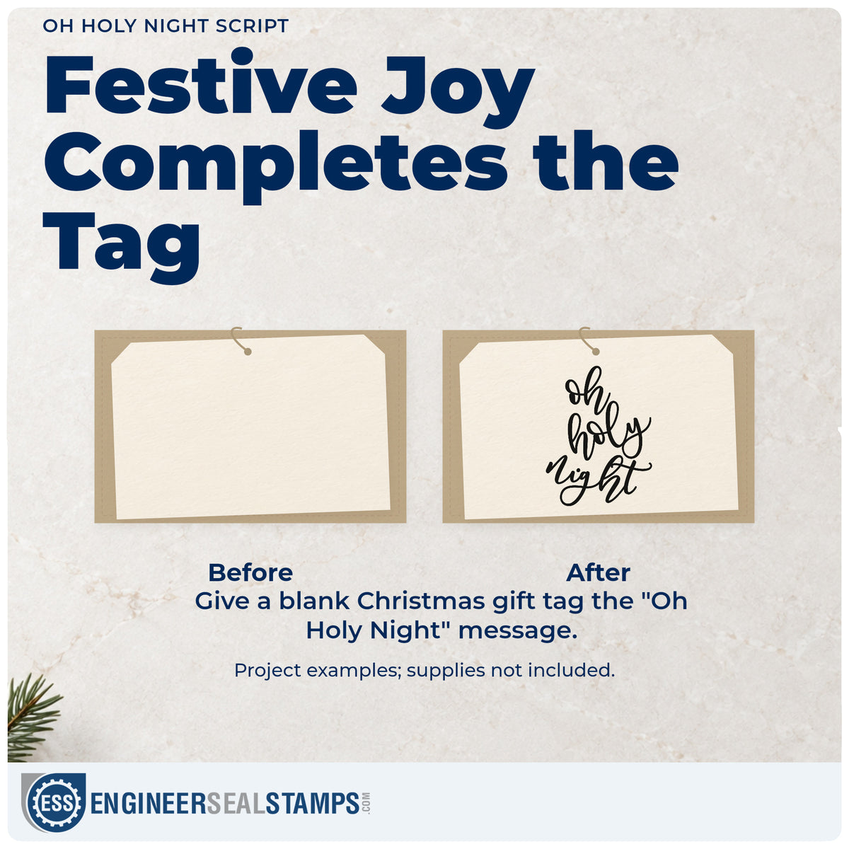 Before and after of a plain item finished with the Oh Holy Night Script Stamp – Self-Inking, a quick upgrade for framed loft railing.