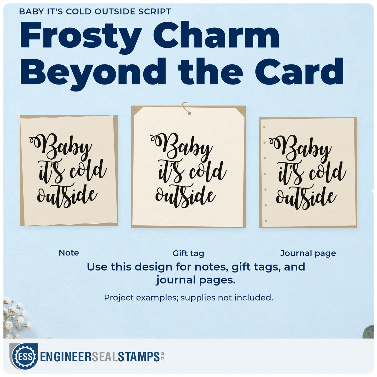 Three project examples made with the Baby It's Cold Outside Hand Stamp – Duo, including heating log sheet.