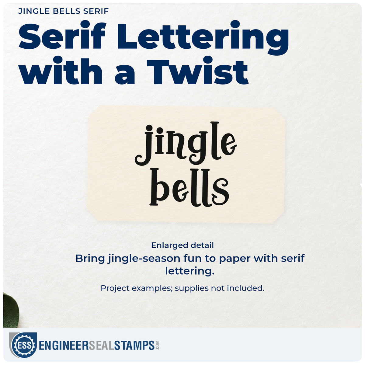 Enlarged detail of the Jingle Bells Serif Rubber Stamp – Wood Handle imprint. Two large rows of decorative serif lettering read “Jingle Bells.”