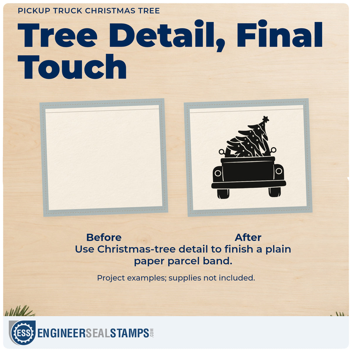 Before and after of a plain item finished with the Pickup Truck Christmas Tree Self-Inking Stamp, a quick upgrade for framed farmhouse wall.