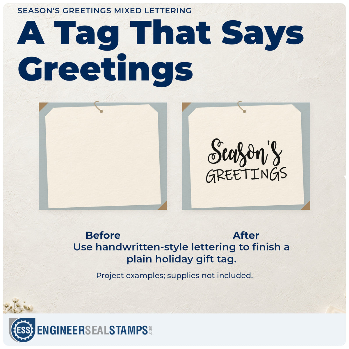 Before and after of a plain item finished with the Season's Greetings Mixed Word Art Stamp – Premium Vintage Pro Wooden, a quick upgrade for framed lobby alcove.