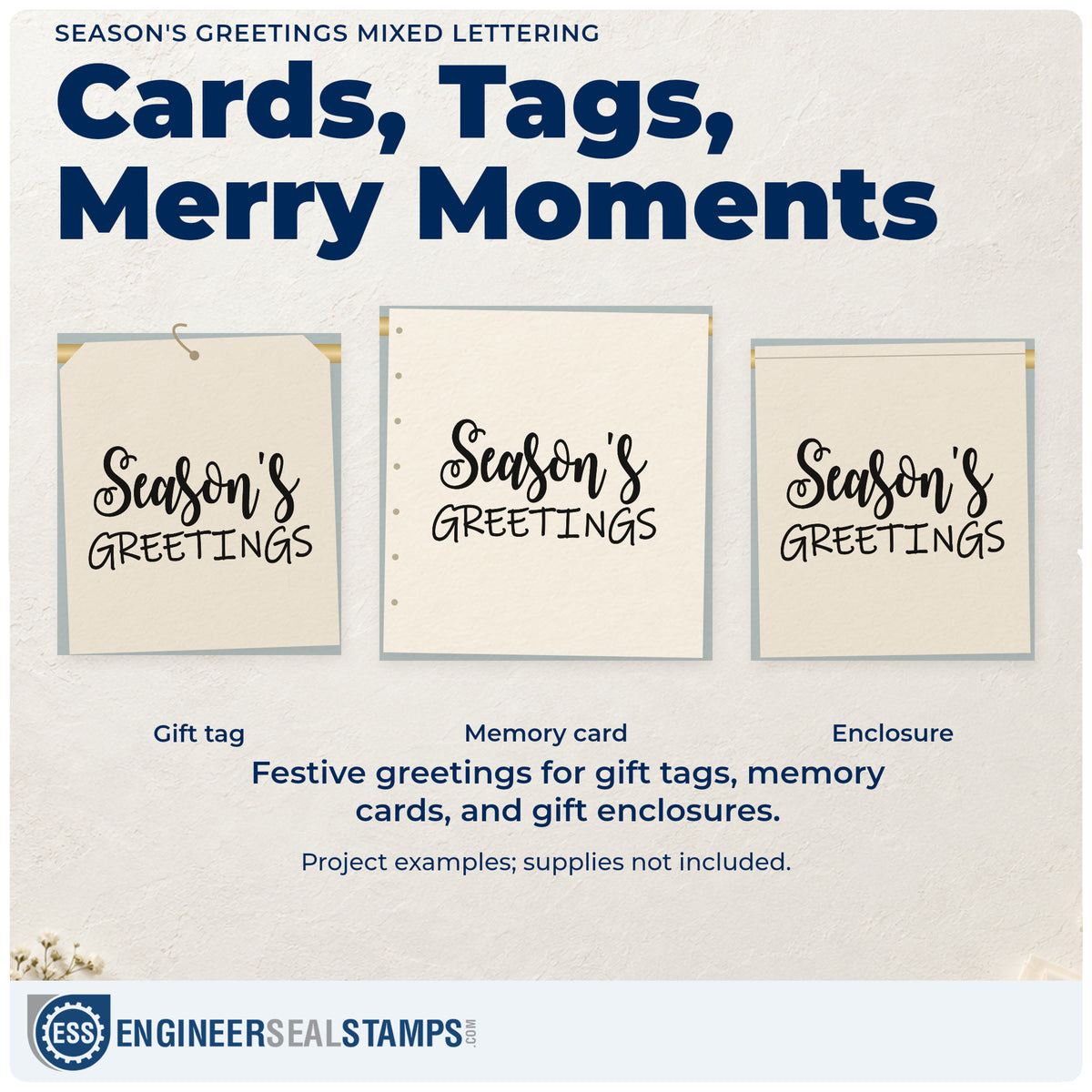 Three project examples made with the Season's Greetings Mixed Word Art Rubber Stamp – Wood Handle, including reservation log sheet.