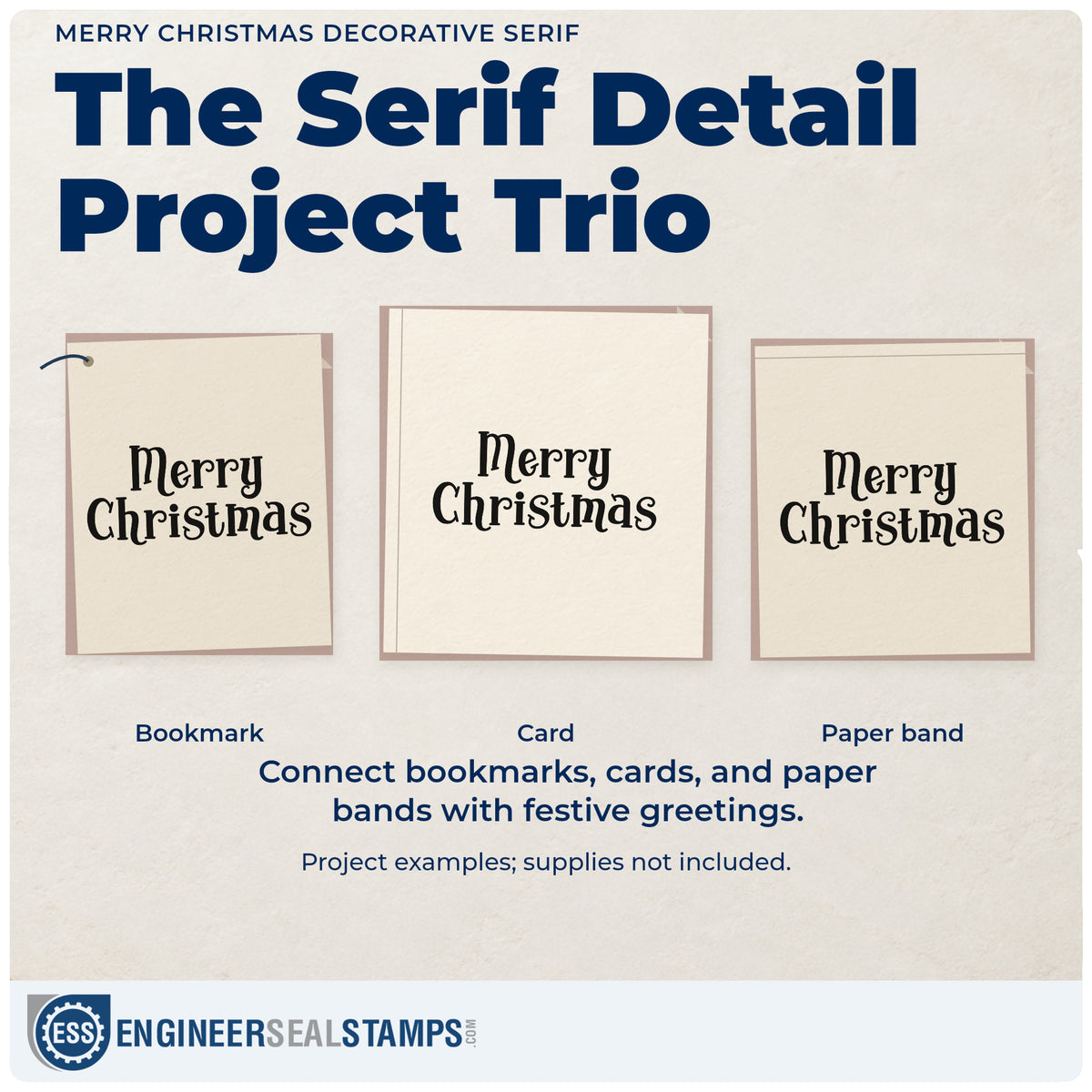 Three project examples made with the Merry Christmas Decorative Serif Craft Stamp – Self-Inking, including ledger entry header.