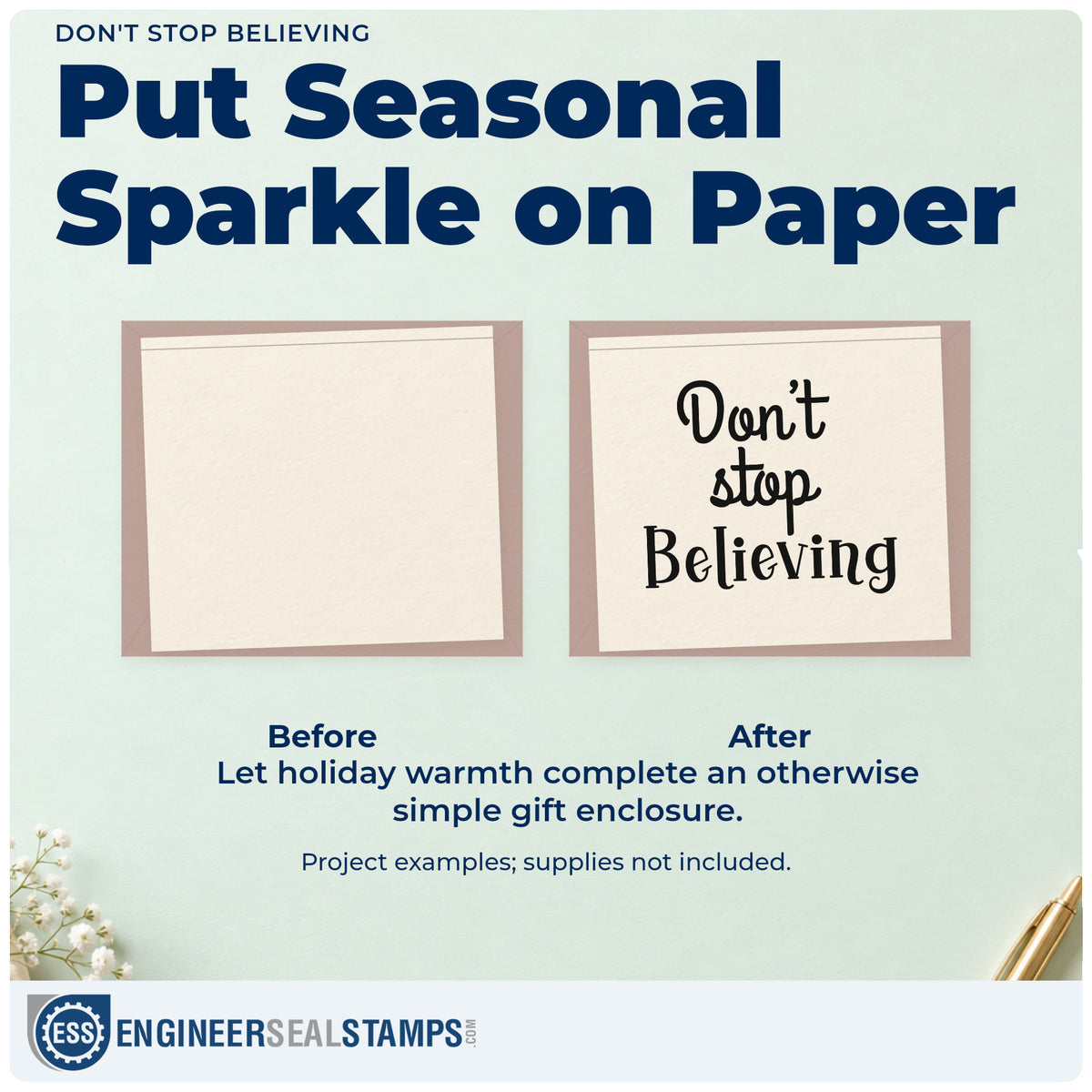 Before and after of a plain item finished with the Don't Stop Believing Lettering PSI Pre-Inked Stamp, a quick upgrade for framed desk reminder.