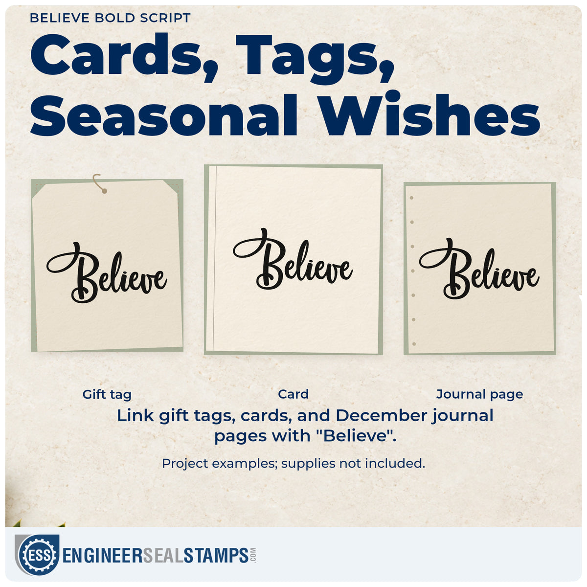Three project examples made with the Believe Bold Script Stamp – Self-Inking, including chapter letter page.