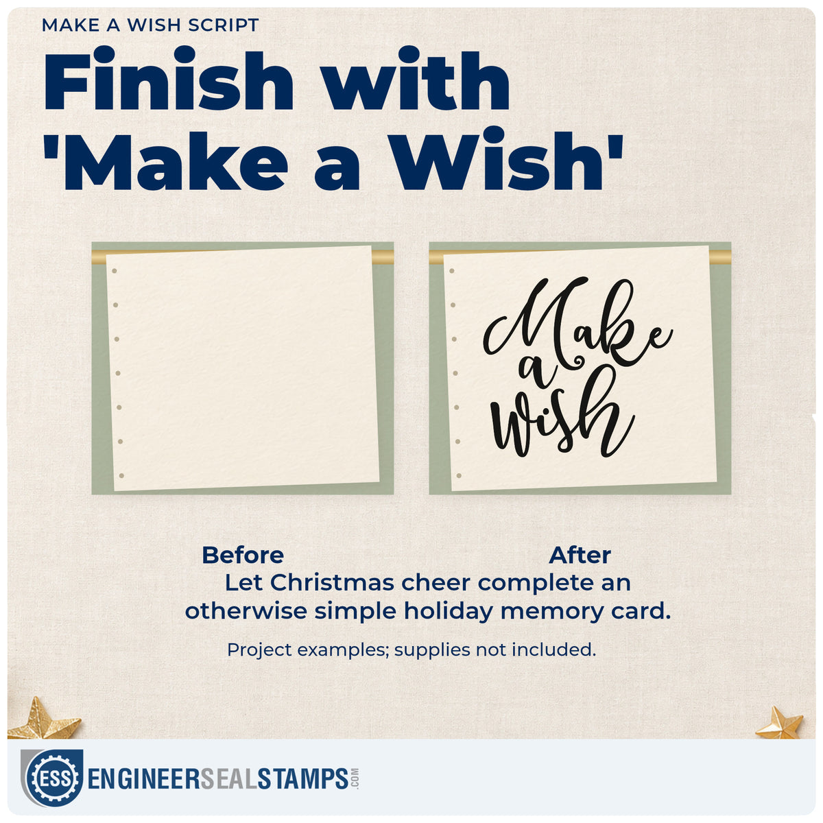 Before and after of a plain item finished with the Slim Pre-Inked Make A Wish Lettering Flourish Stamp, a quick upgrade for framed dessert table.