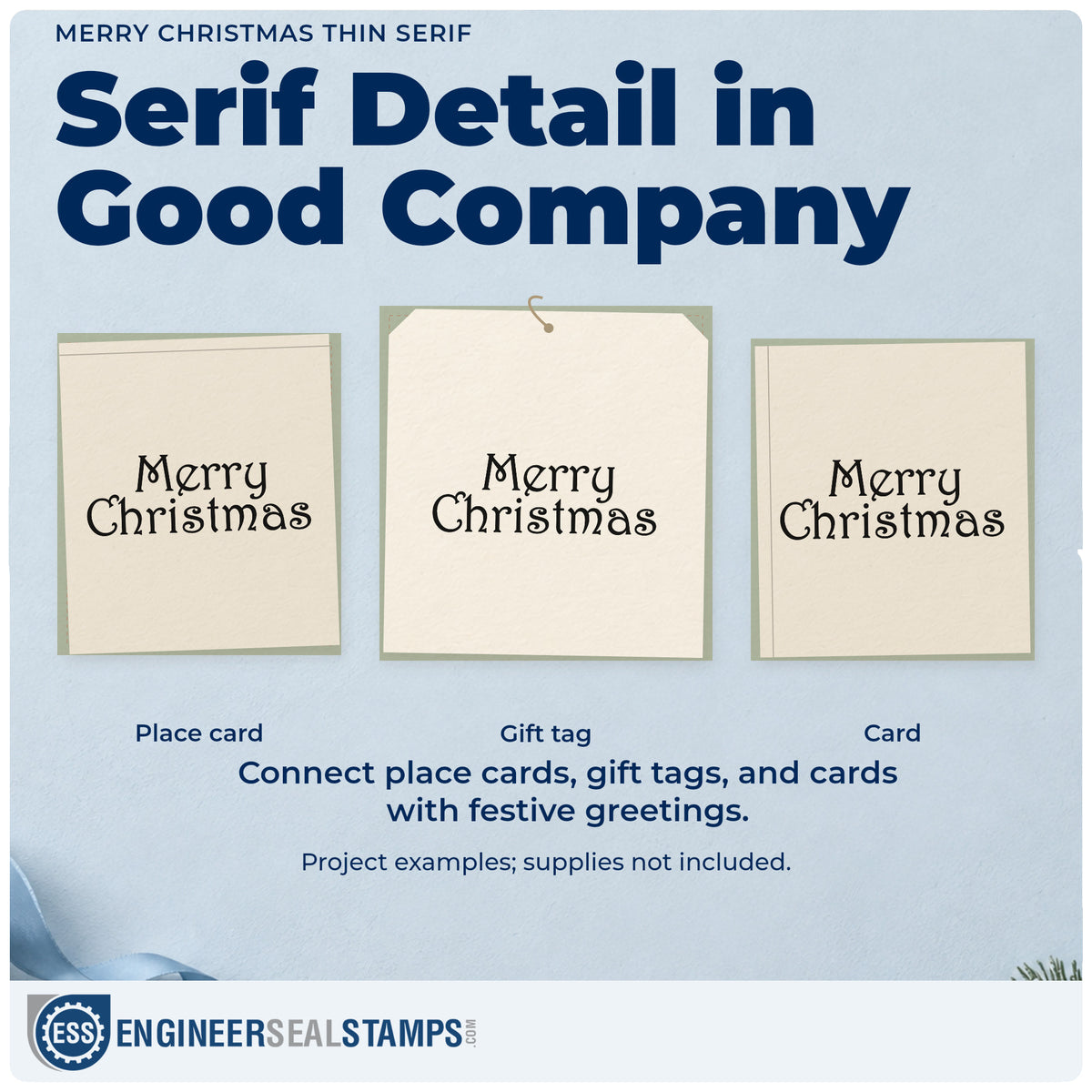 Three project examples made with the Merry Christmas Thin Serif Self-Inking Stamp, including note slip header.