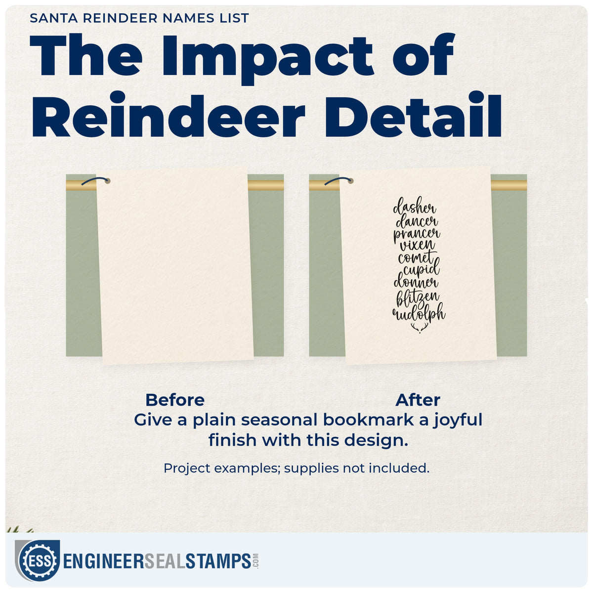 Before and after of a plain item finished with the Santa Reindeer Names List Antlers Slim Pre-Inked Stamp, a quick upgrade for framed narrow print.