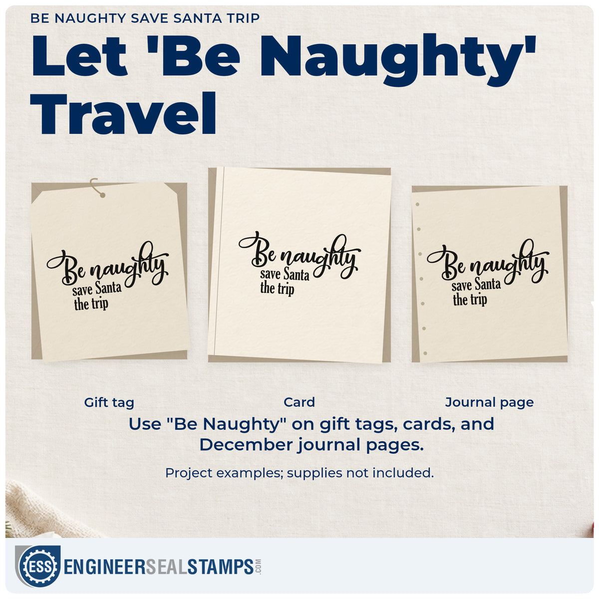 Three project examples made with the Vintage Pro Be Naughty Save Santa Trip Premium Wooden Stamp, including bar tab tally sheet.